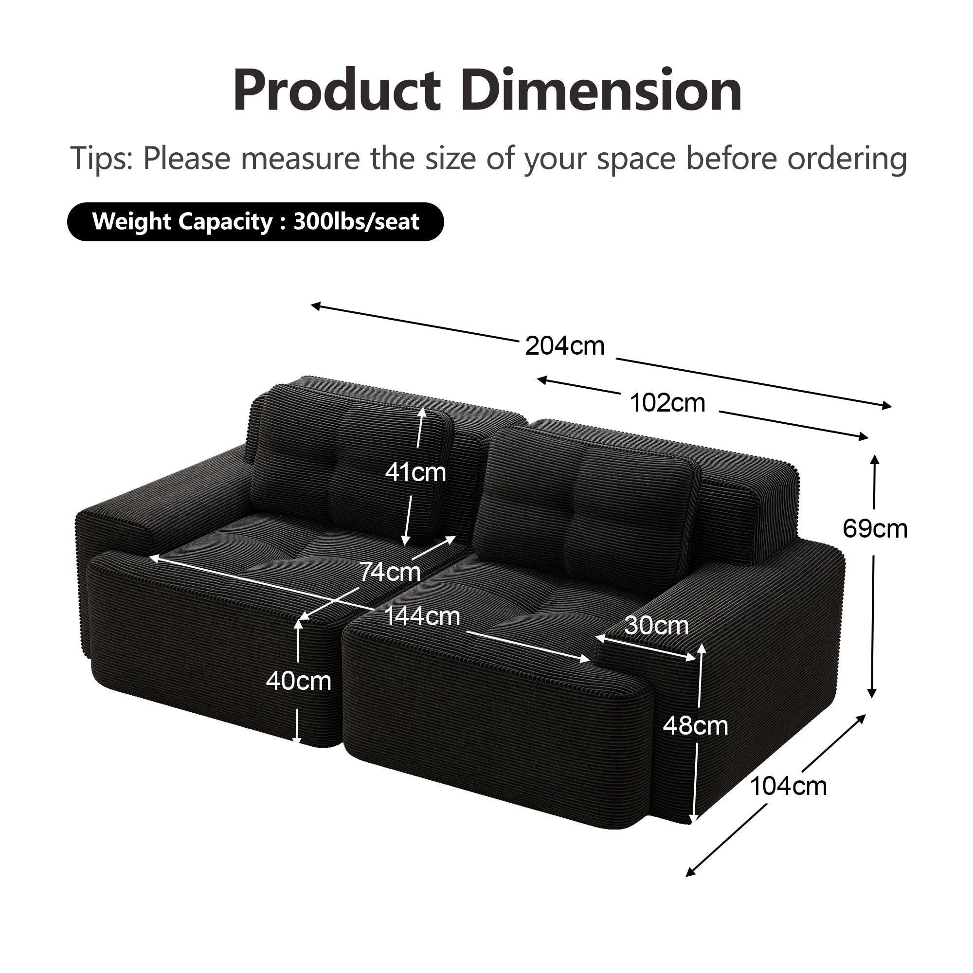 Boneless Modular Sofa Deep Seat Loveseat Sleeper - Corduroy Black