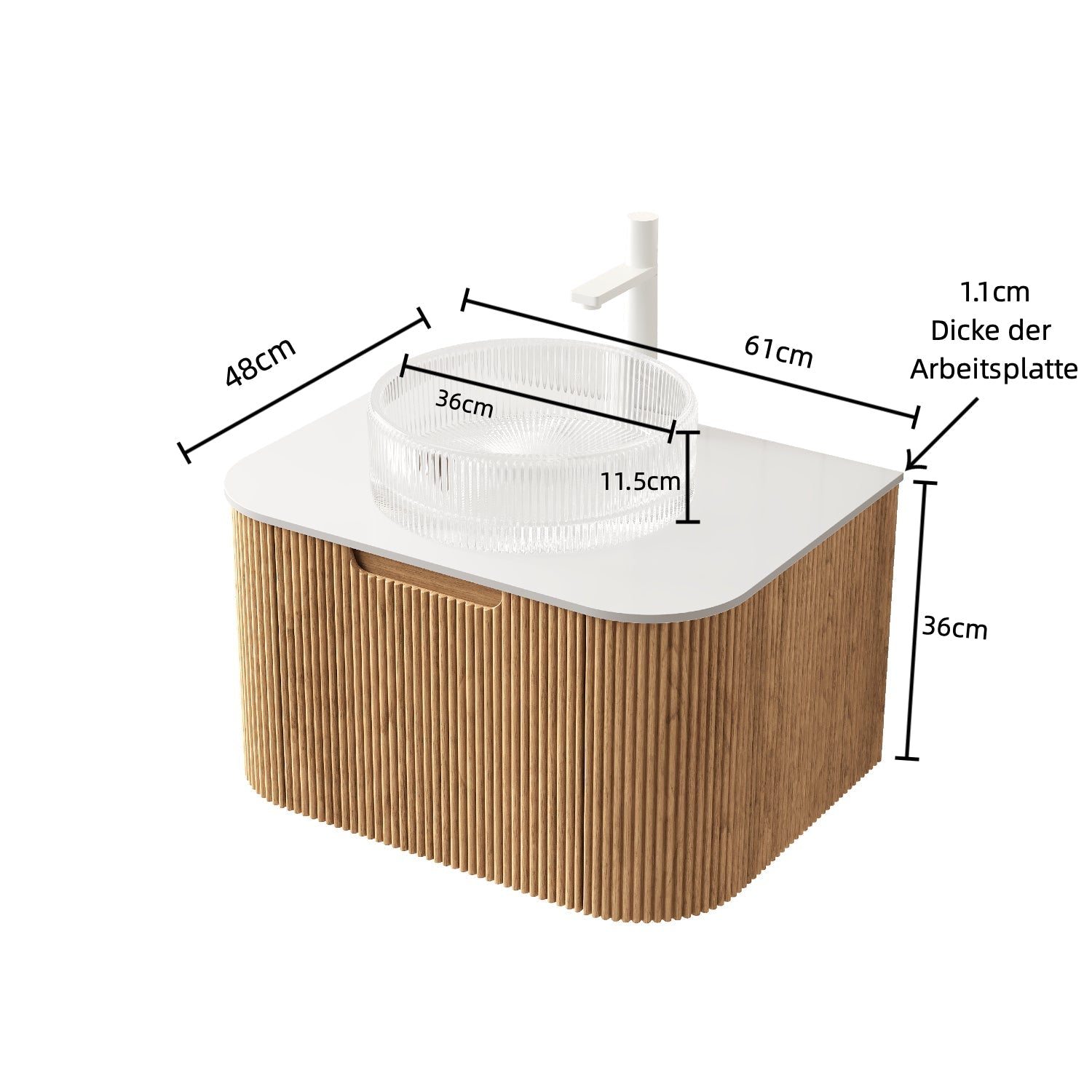 DINA 61cm Wall-Mounted Bathroom Vanity Unit with Glass Basin & Drawer, Natural Wood