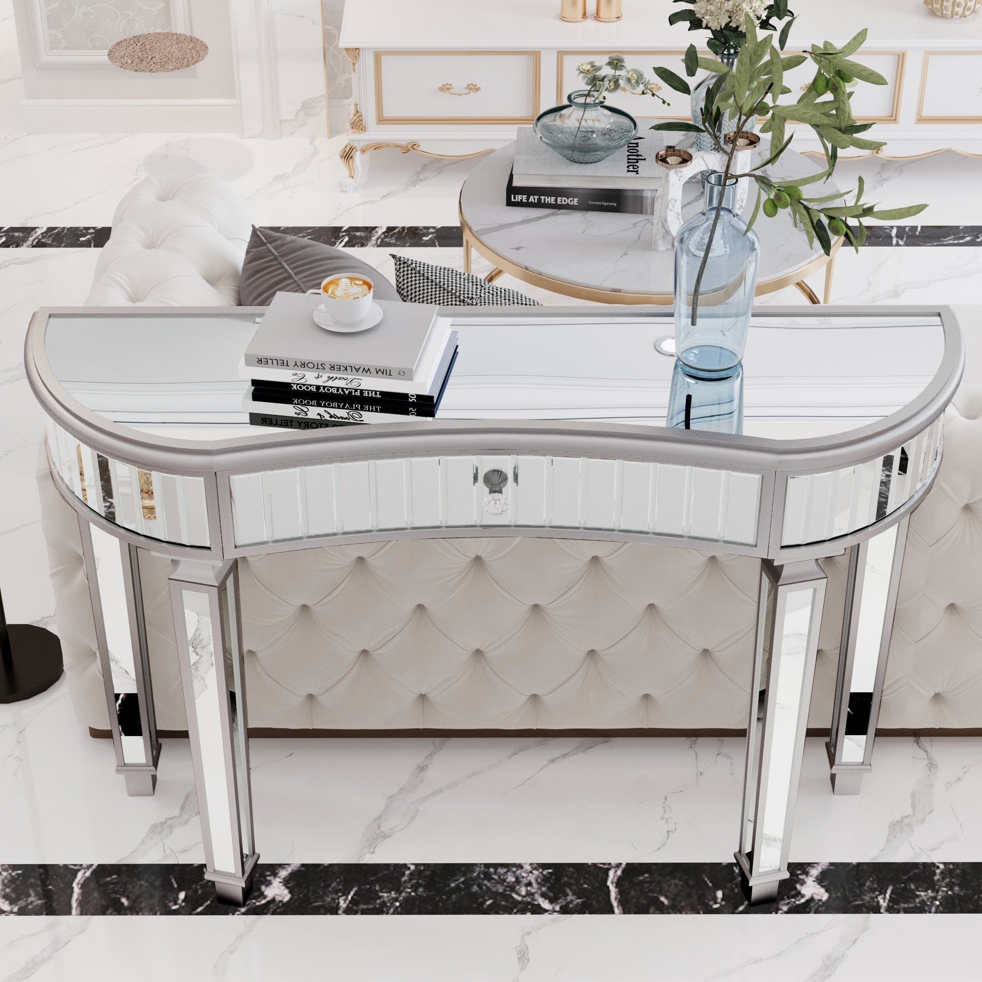 Half-Moon Mirrored Console Table with Fluted Glass and Crystal Knob Drawer, Grey and Silver