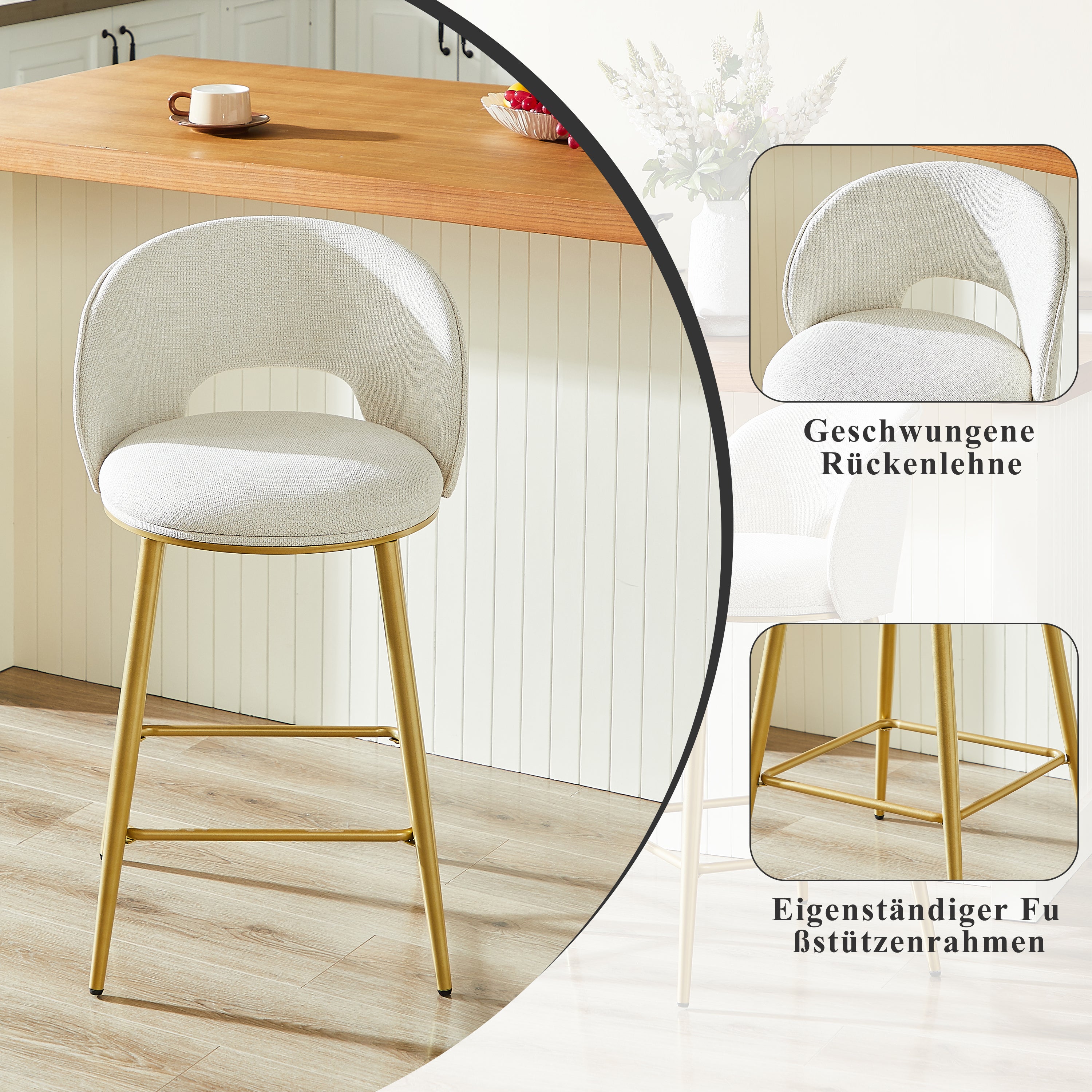 Bar Stool Modern Open Back Padded - Gold Metal Set of 2