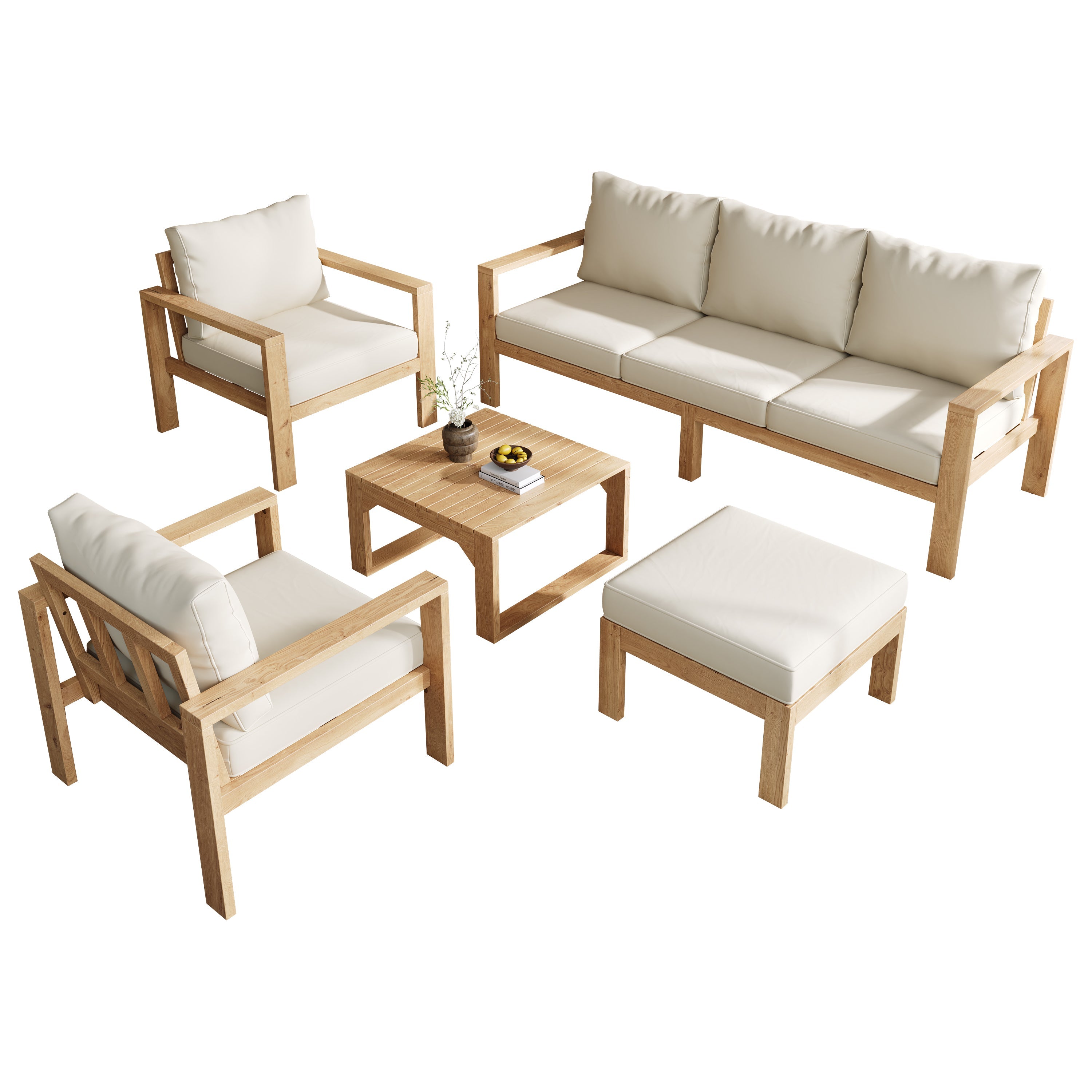 Garden Furniture Set with 5 Pieces for 4-6 People, Acacia Wood and Cream Canvas