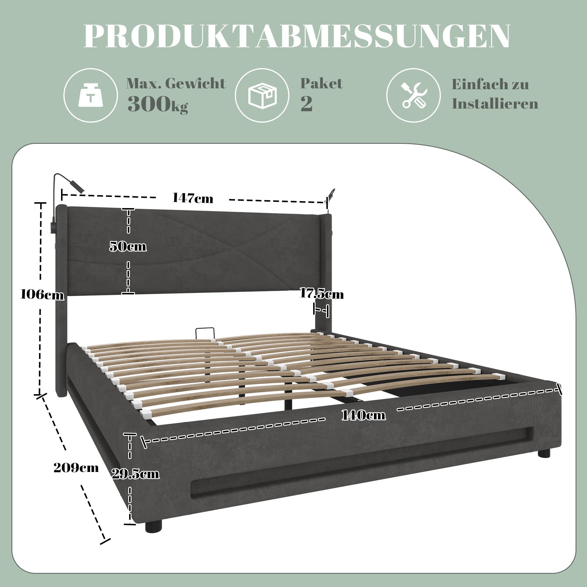 Modern Bed Frame 140x200cm Hydraulic Storage LED Lights USB Ports