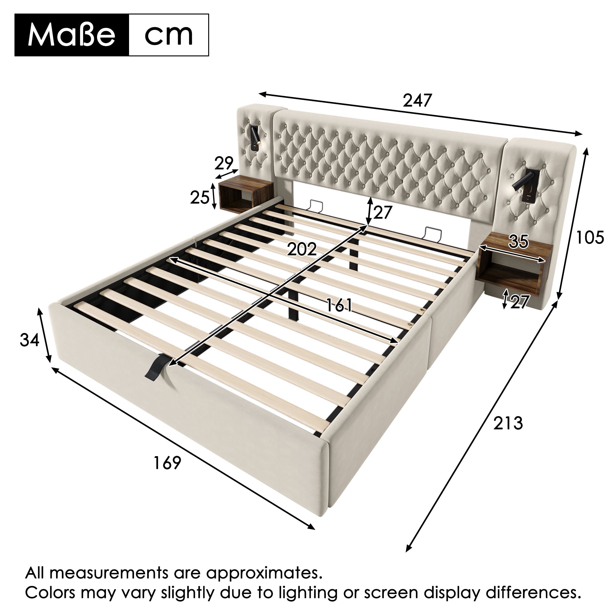 Bedroom Complete Set, Upholstered Hydraulic Storage Double Bed with 2 Bedside Tables & USB Reading Light, Beige Velvet
