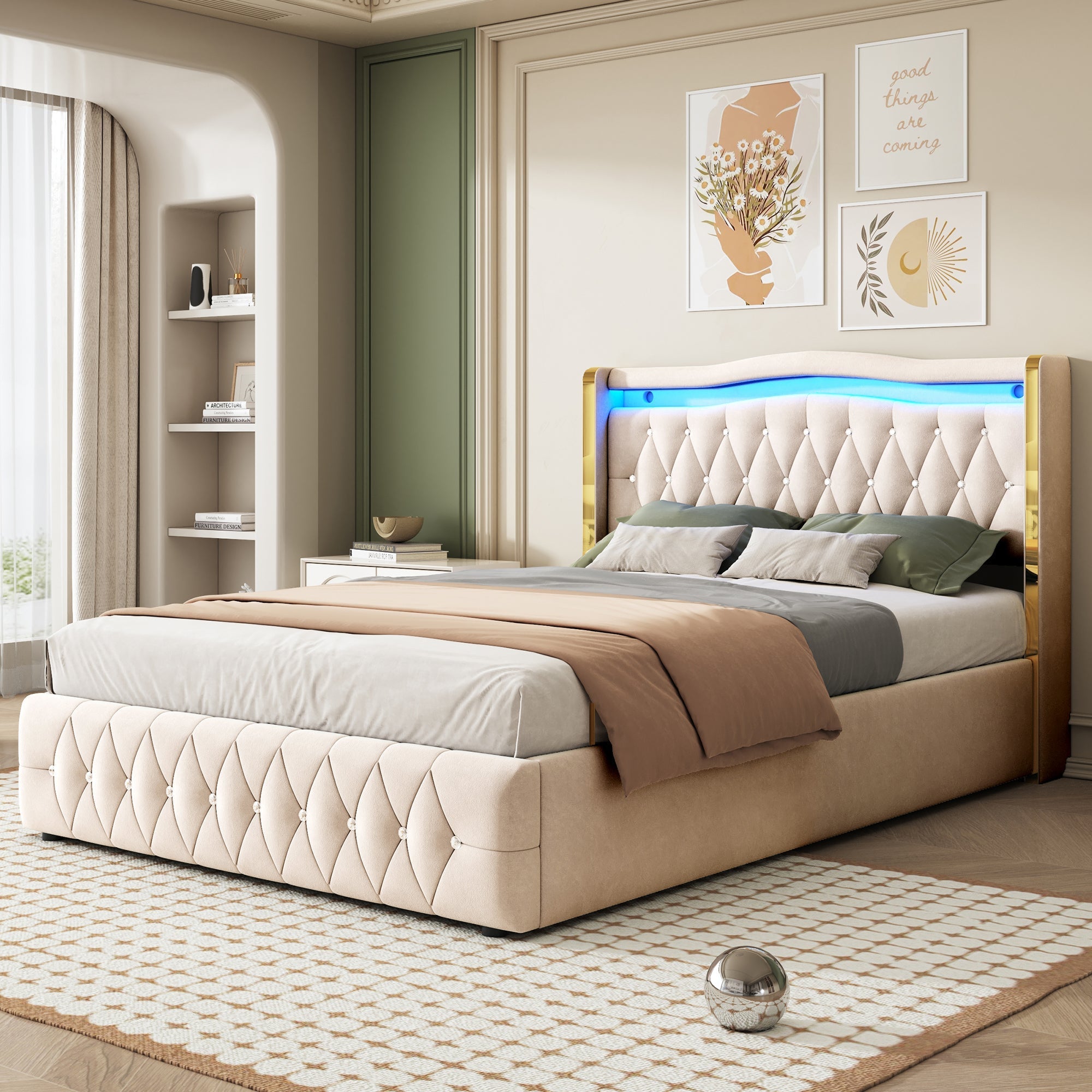 Upholstered Bed, 140x200cm, LED, Hydraulic Storage, Velvet Fabric, Beige