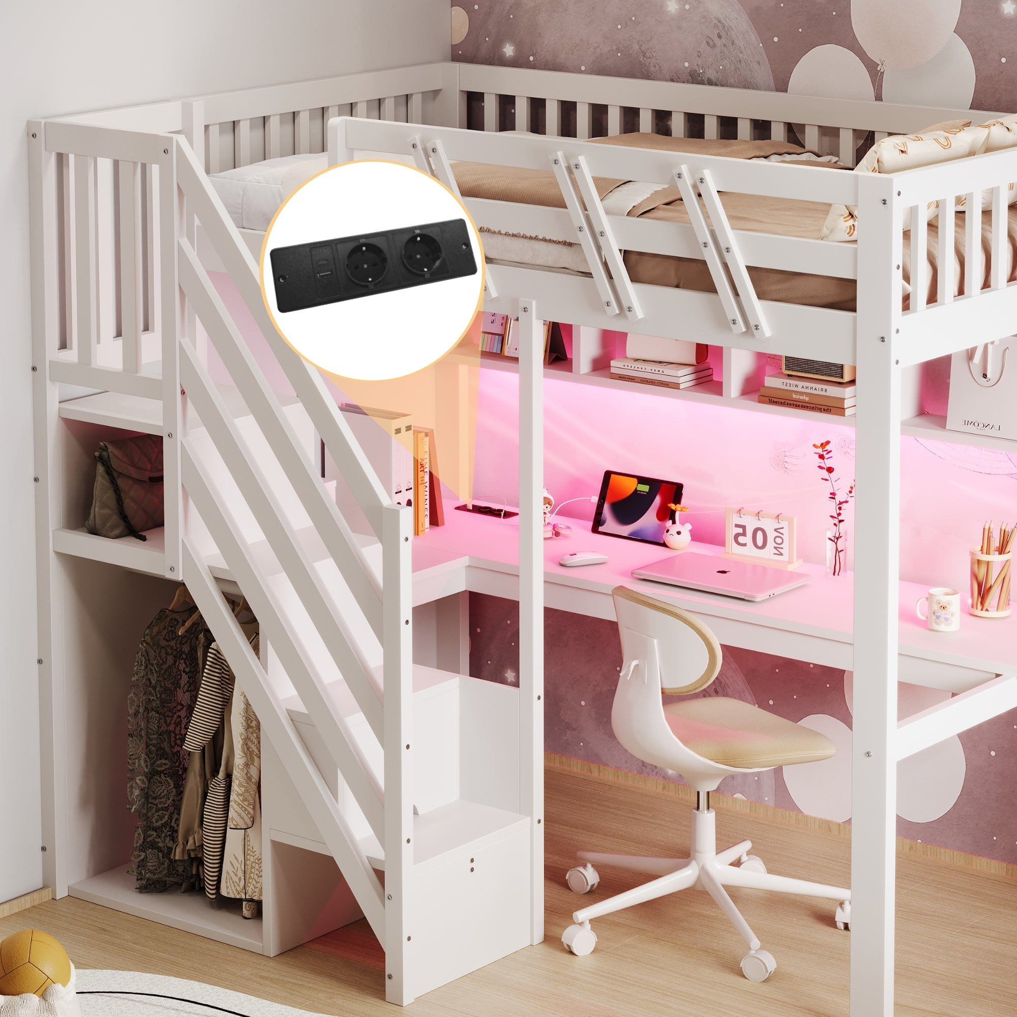 Solid Wood Loft Bed 90x200cm with Stairs Storage Cabinet Desk USB LED - White