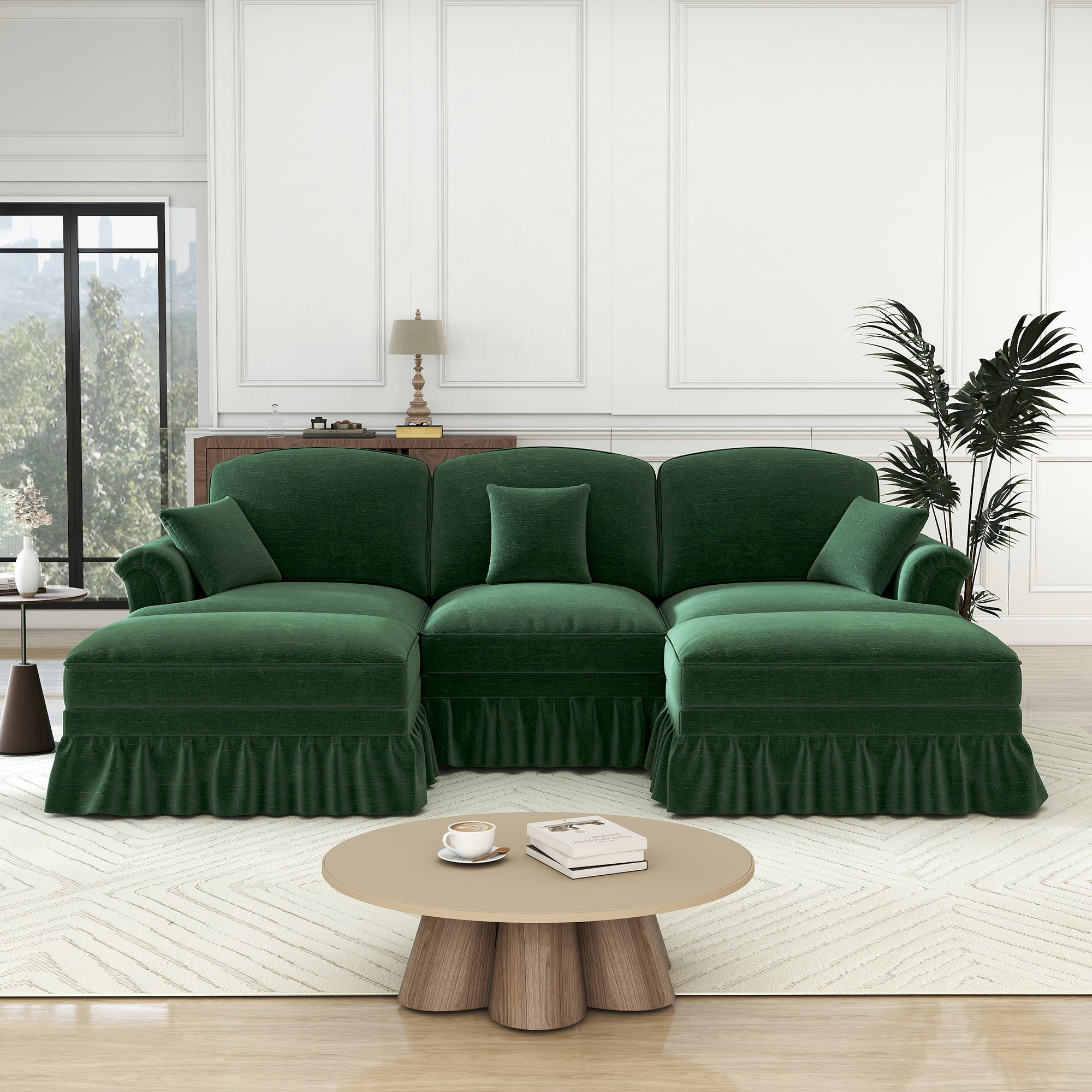 Classic U-Shaped Modular Sofa with Ottoman, Chenille - Green