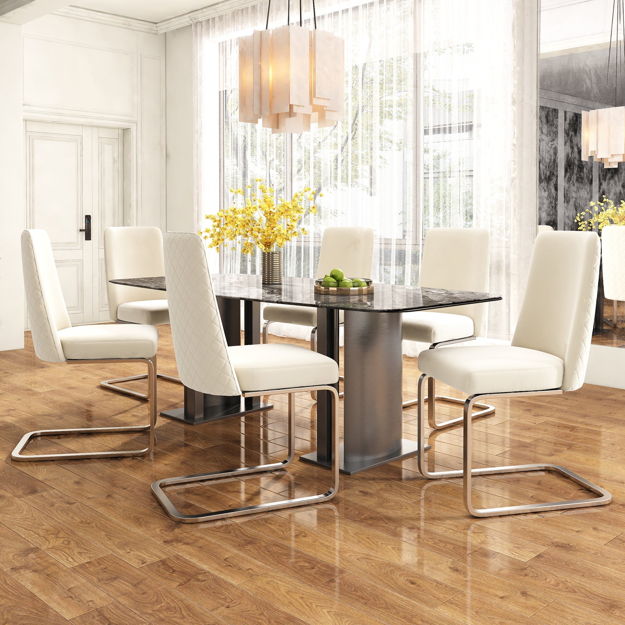 Velvet Dining Chair Set of 4, Diamond Back Silver Metal Legs, Beige