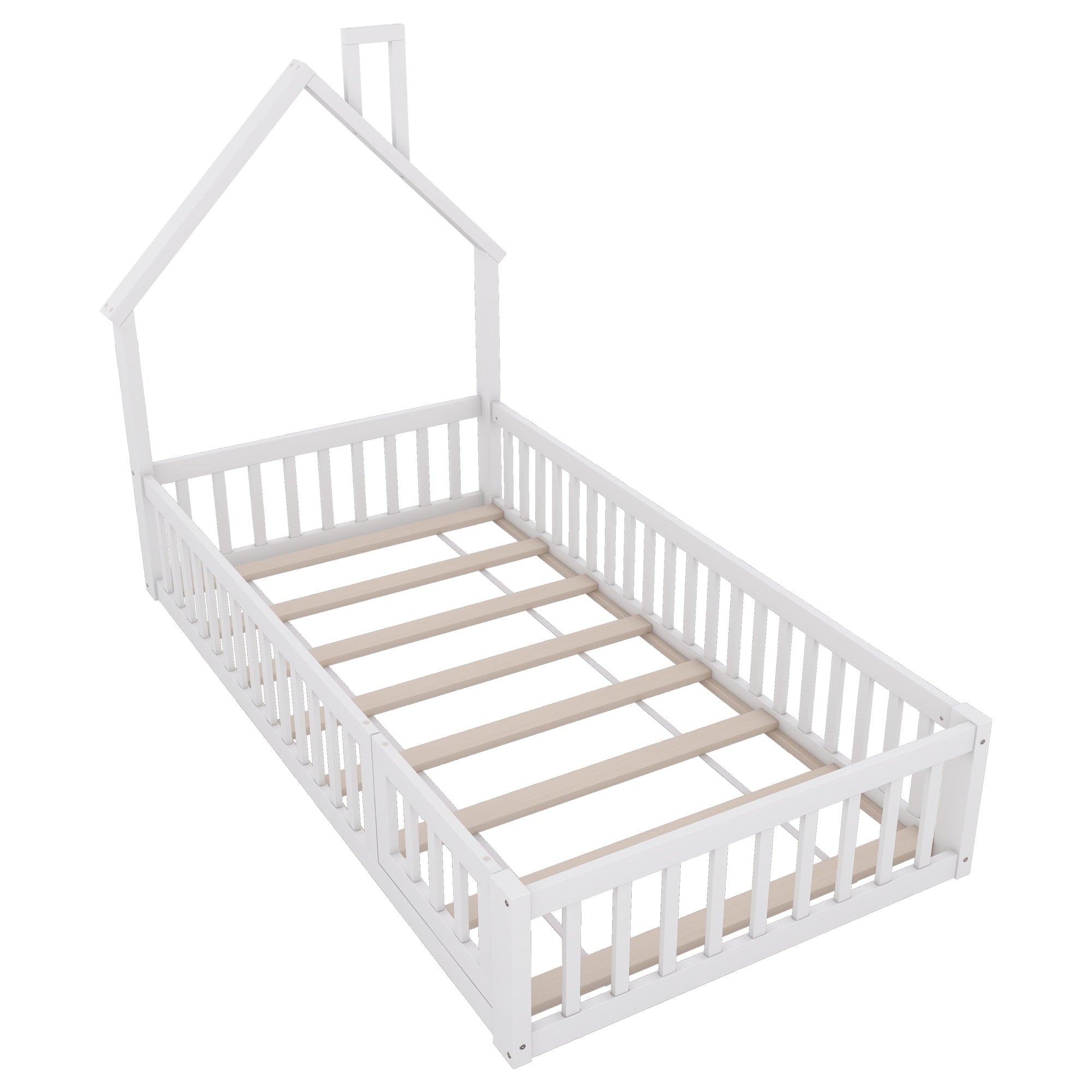 House Bed 90x200cm Chimney Shape with Slatted Base Pine Wood, White