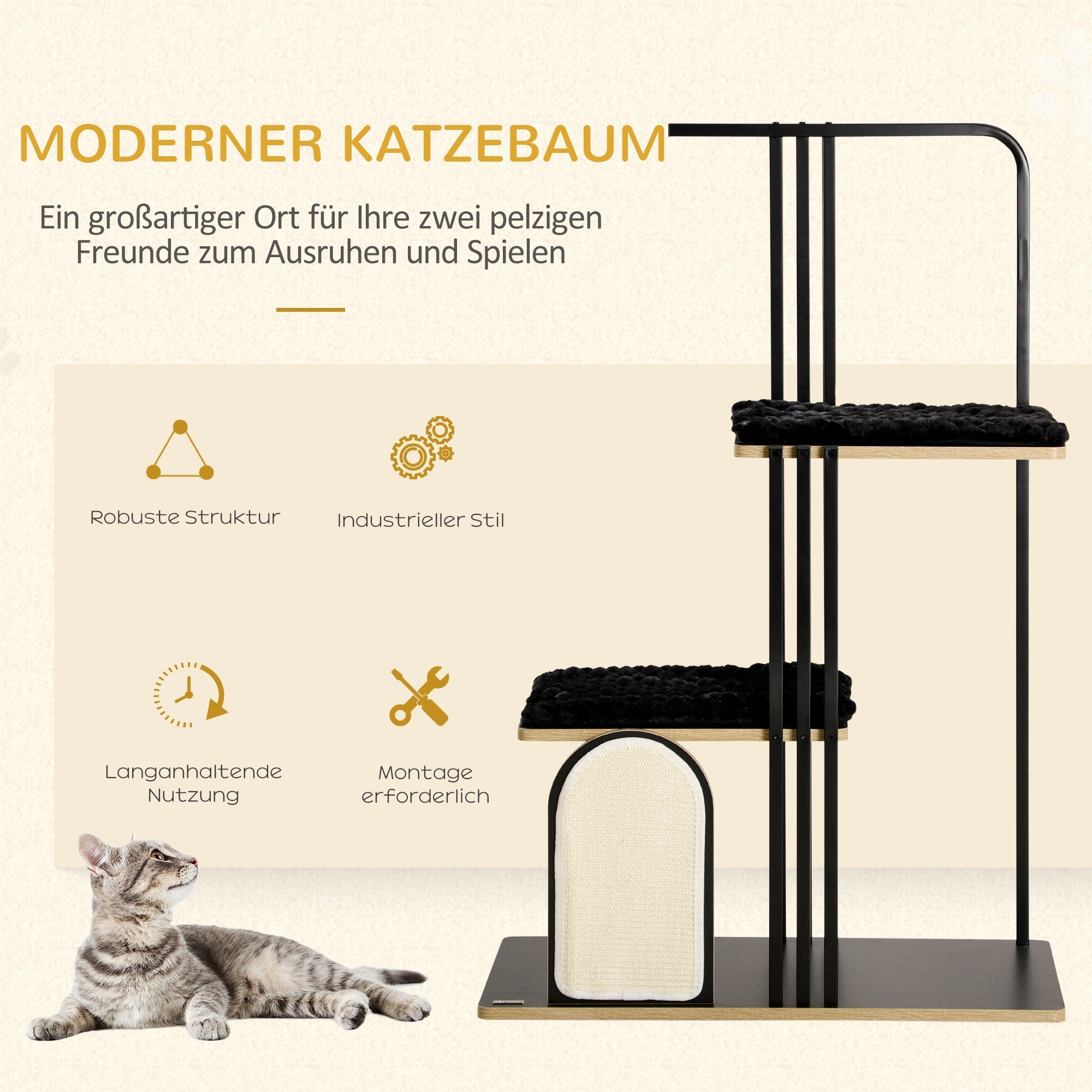 Katzenbaum mit Kissen, Kratzbrett, 2 Plattformen, Stahl Schwarz