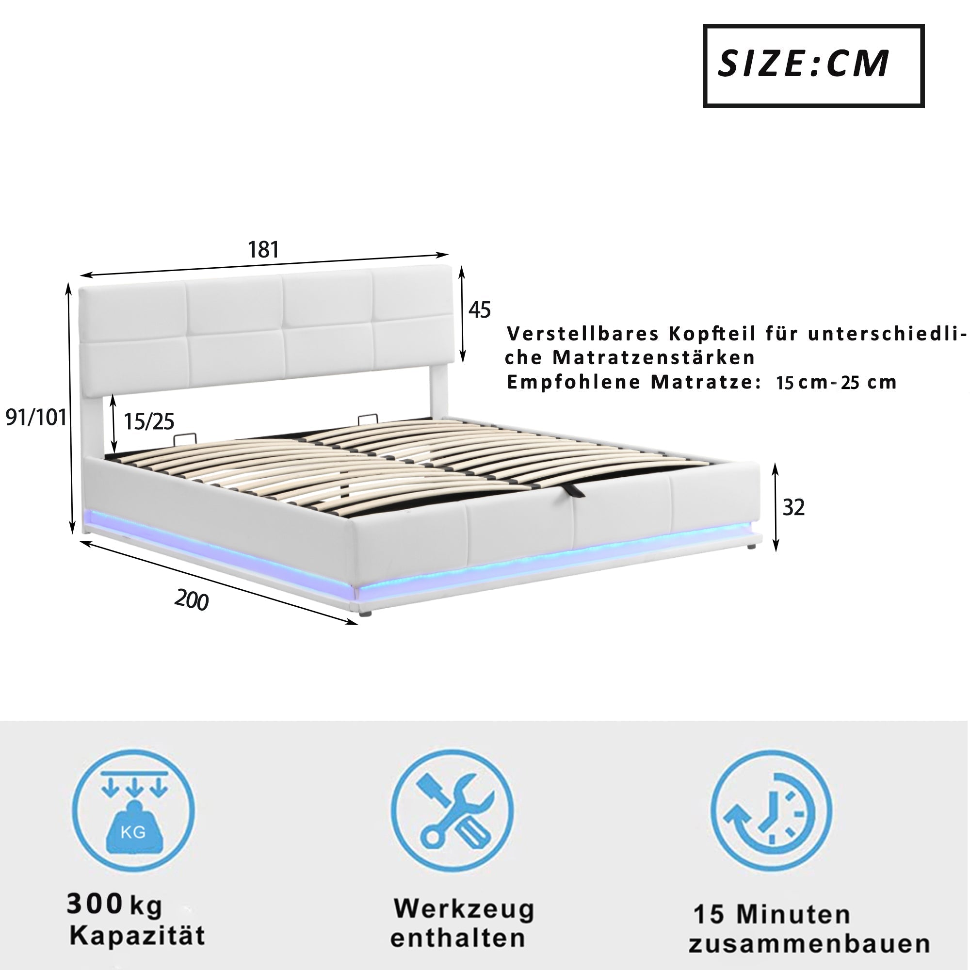 Upholstered Double Bed with LED Light Strip, 180 x 200 cm, White/Gray Faux Leather