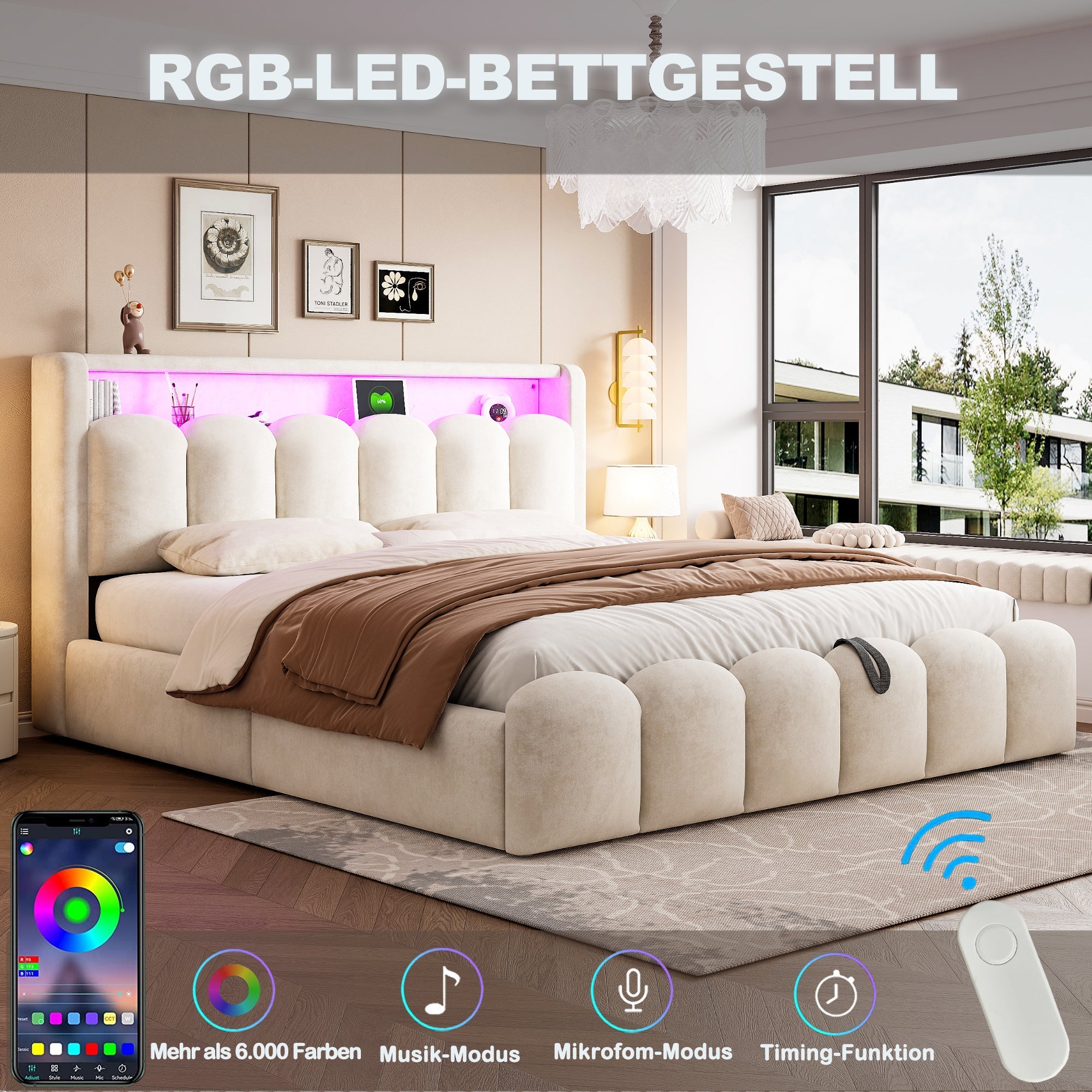 Upholstered Bed 180x200 Hydraulic Storage LED USB/Type-C Velvet Beige
