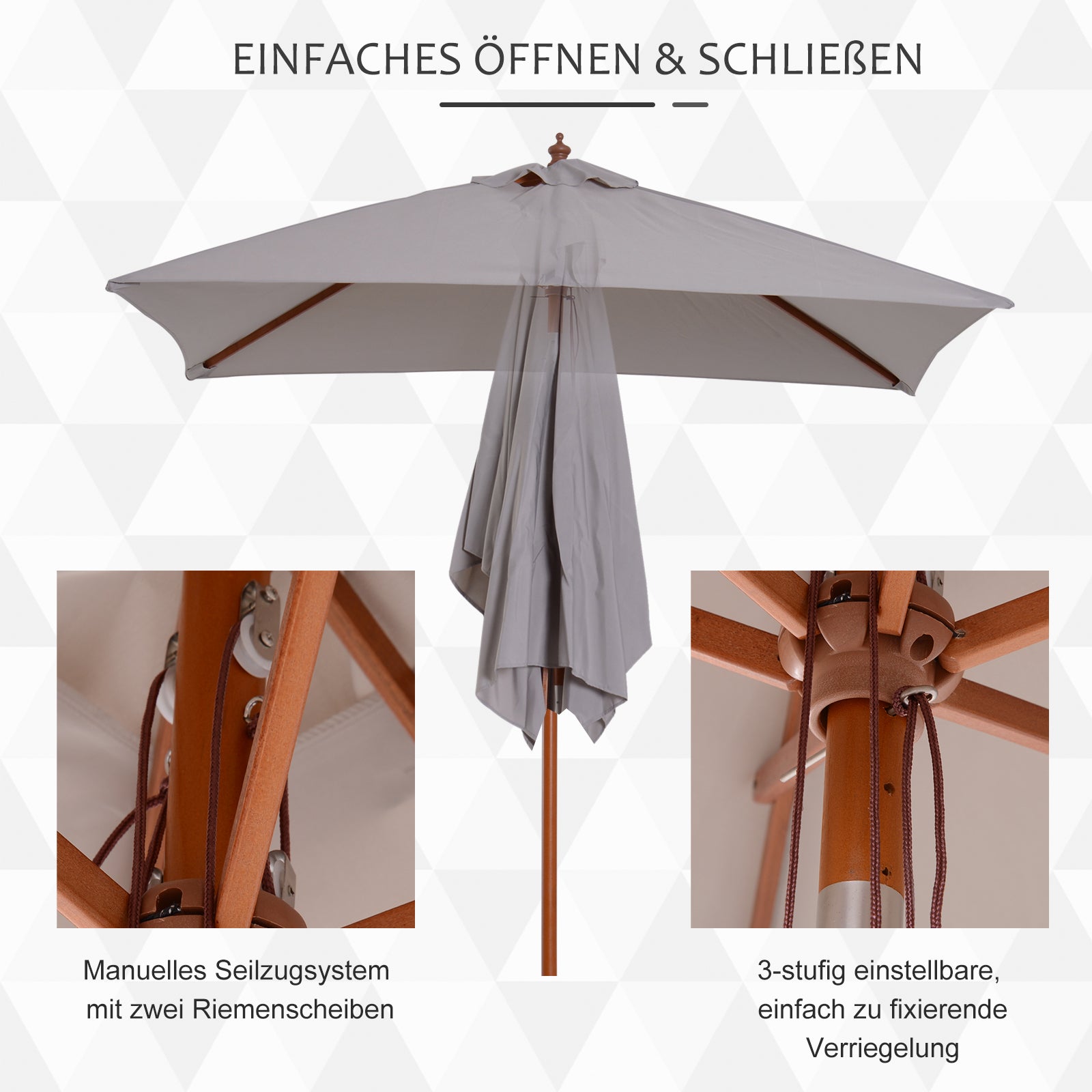 Parasol Foldable 3-Stage Adjustable Garden Beach Shade Fir Wood/Polyester Grey