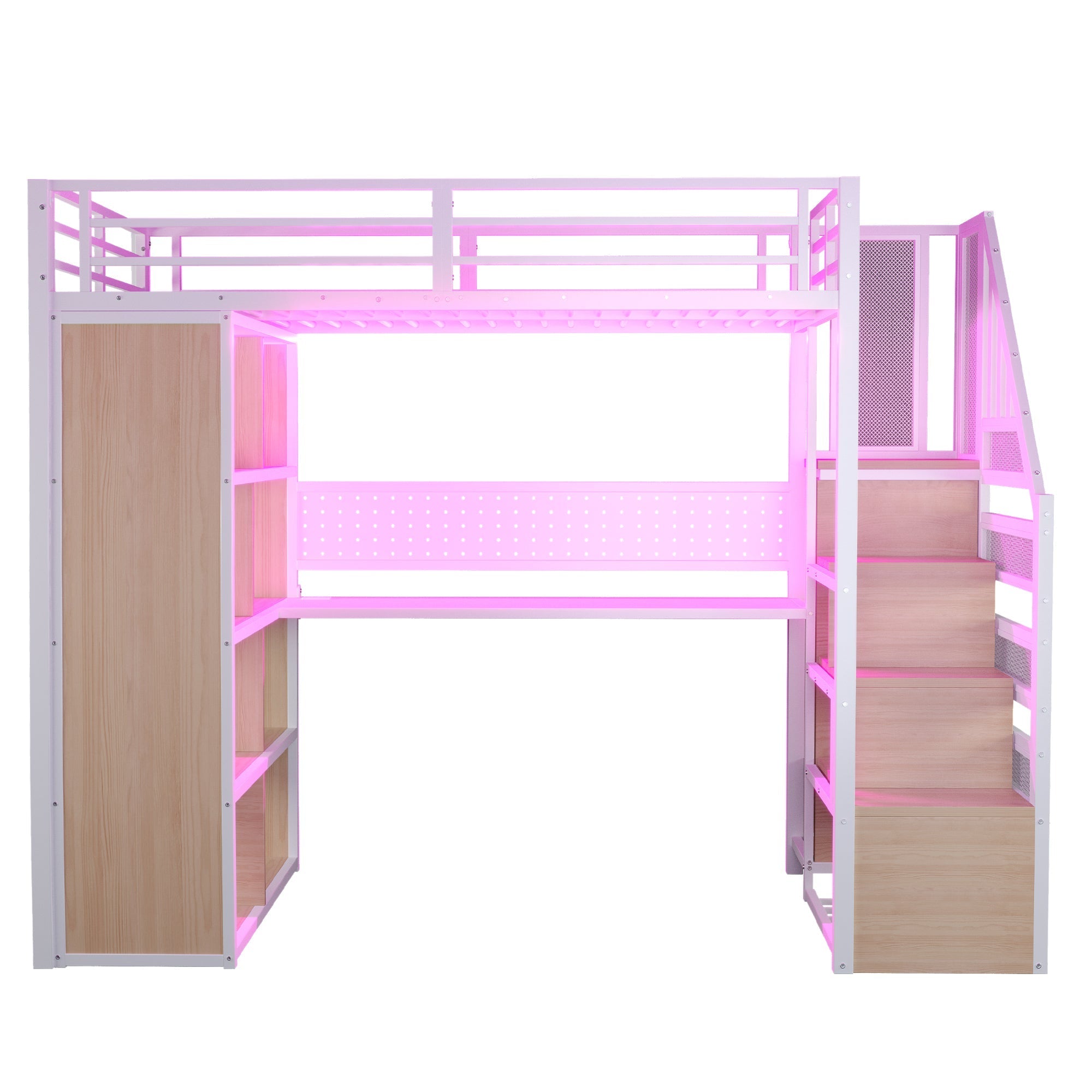 Metal Loft Bed with Desk, Wardrobe and LED Lighting, 90 x 200 cm, White