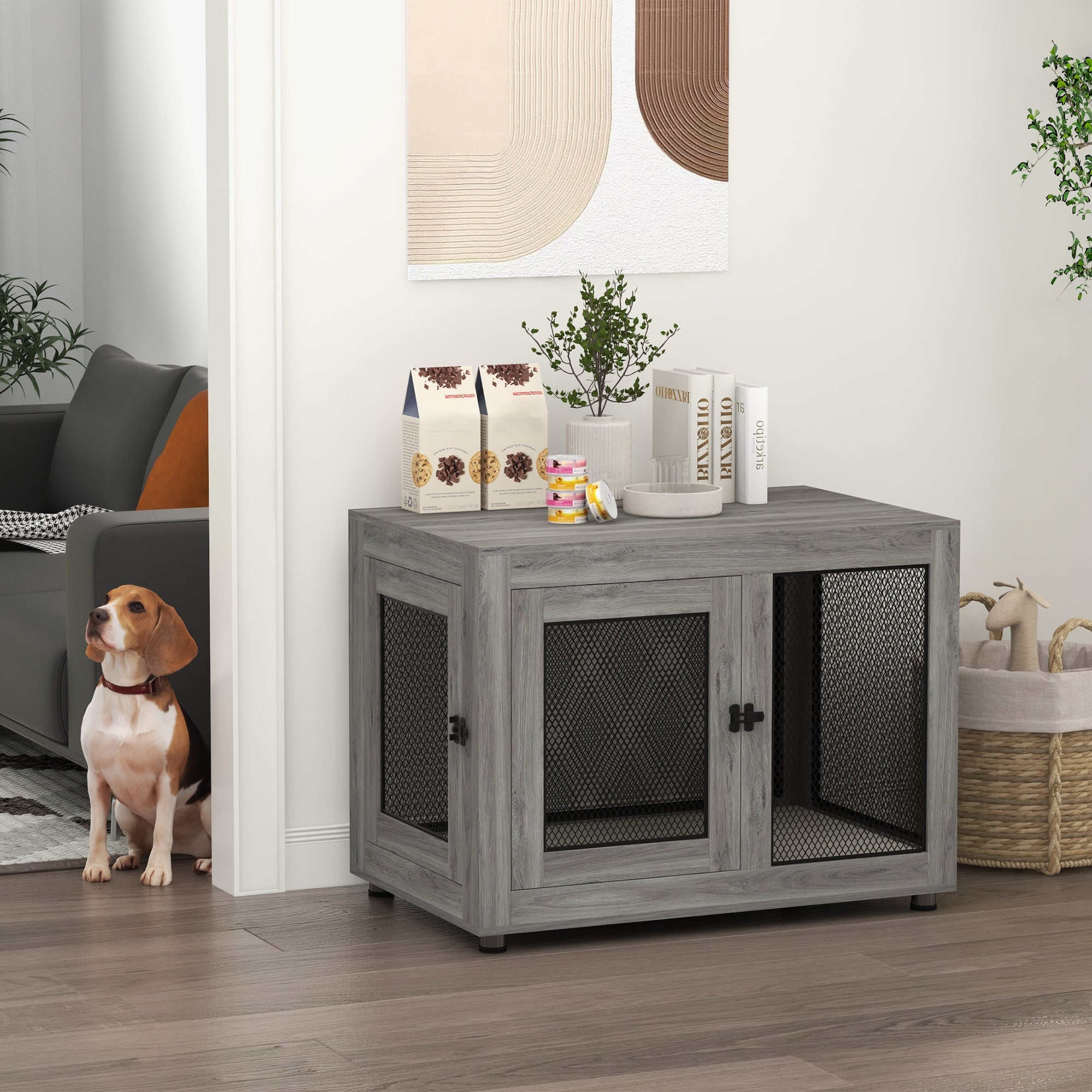 Dog Cage, 2 Doors, Washable Cushion, Adjustable Feet, Grey