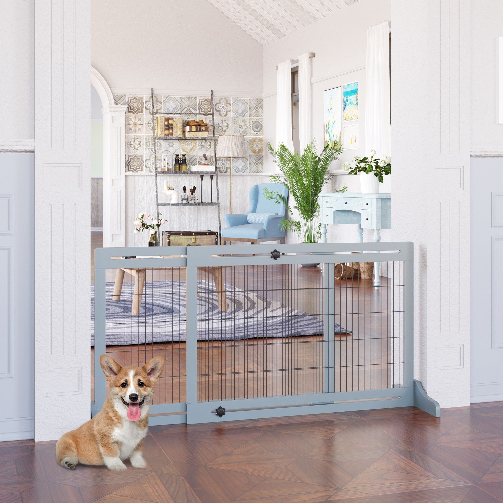 Wooden Dog Gate, Extendable Freestanding 104-183cm Grey