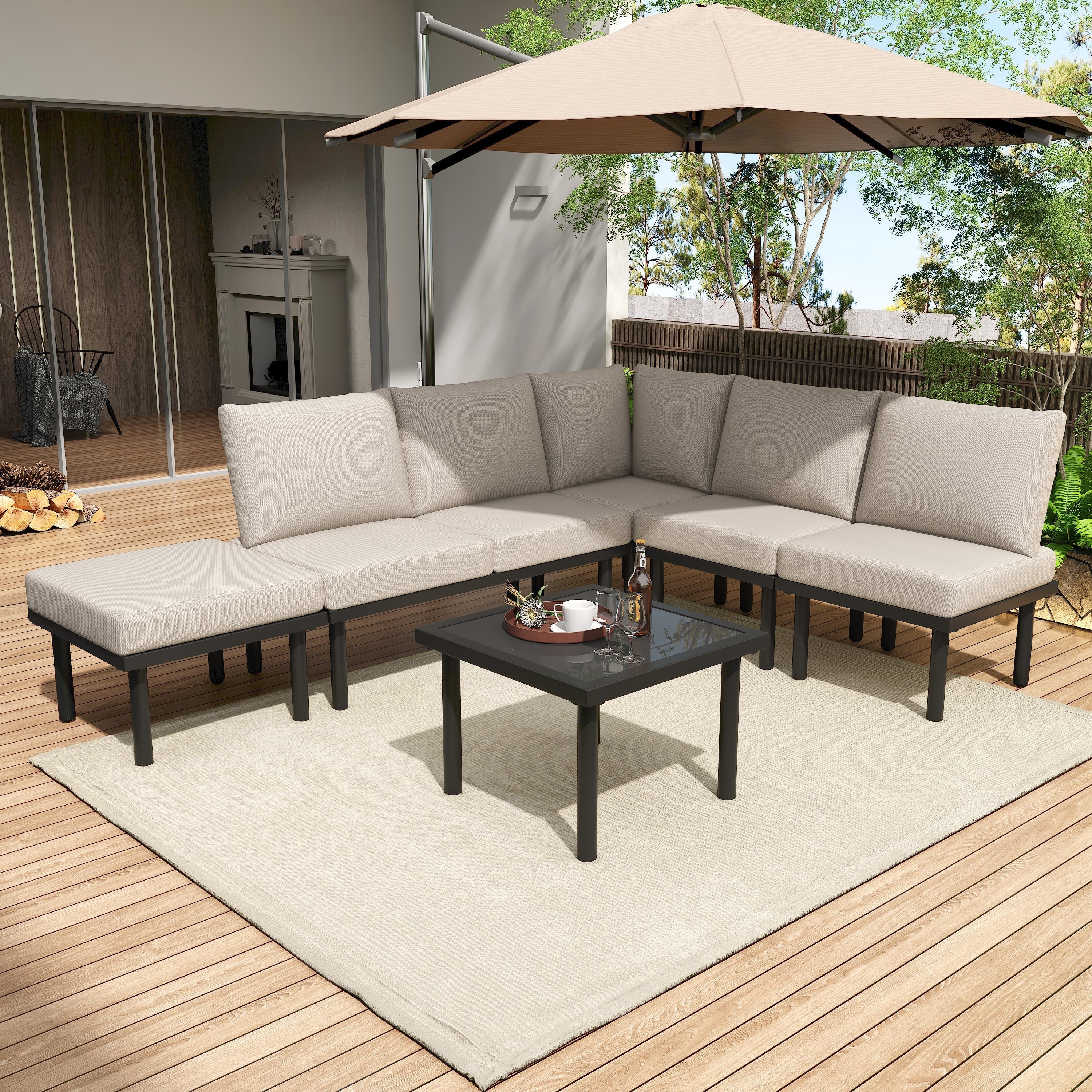 Garden Lounge Set with Galvanized Iron Frame, 6-Piece, Rope Furniture, Beige