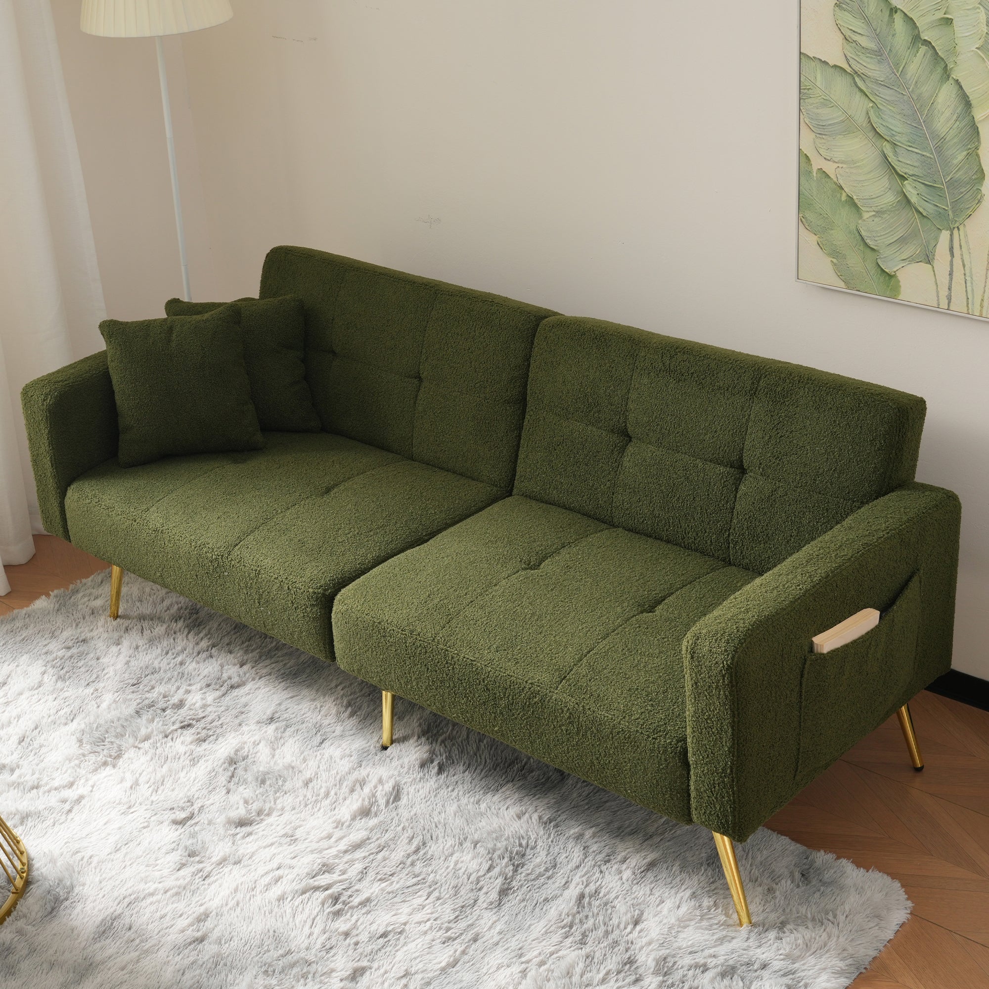 Sofa Bed with 3 Adjustable Backrest Angles and Storage Pockets, Gold Legs