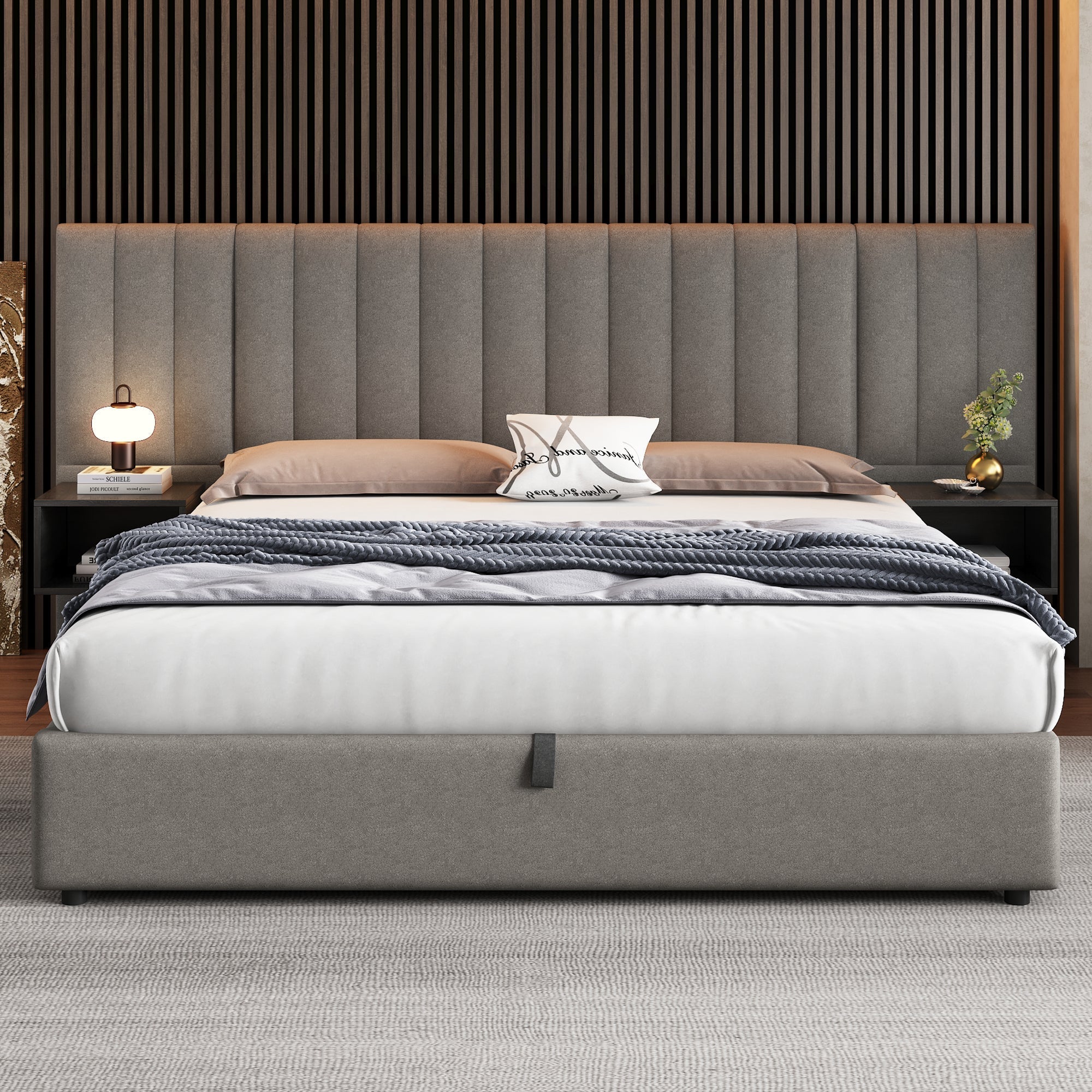 Upholstered Bed 180x200cm Hydraulic Storage 2 Bedside Tables - Linen Grey/Black