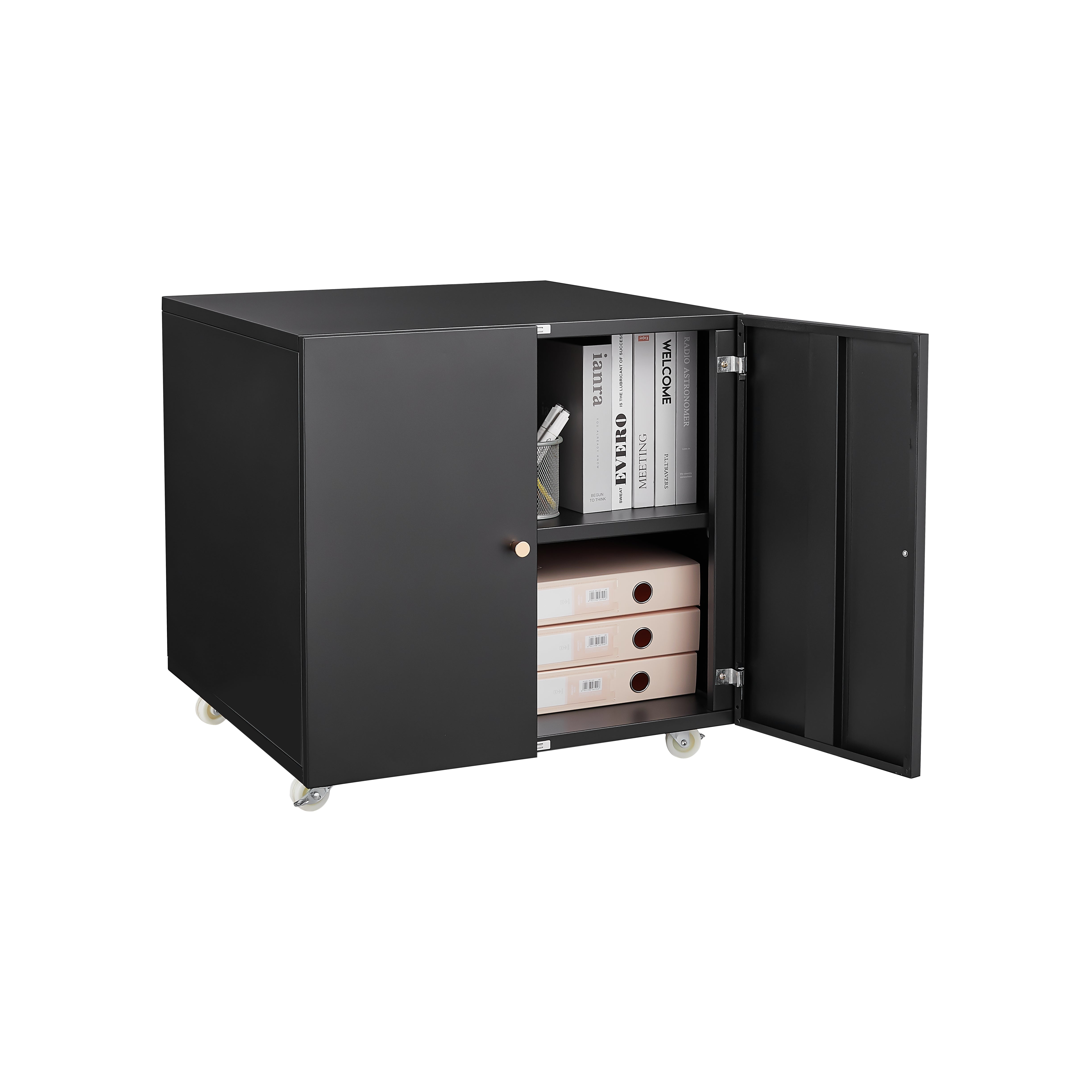Metal Printer Stand Storage Door Adjustable Shelf File Cabinet Wheels - Black