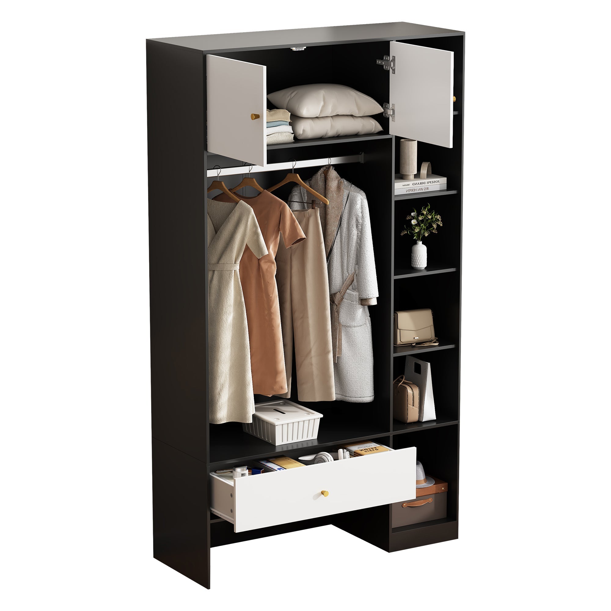 Compact Wardrobe Set 2 Doors 6 Compartments Clothes Rail Drawer Black and White