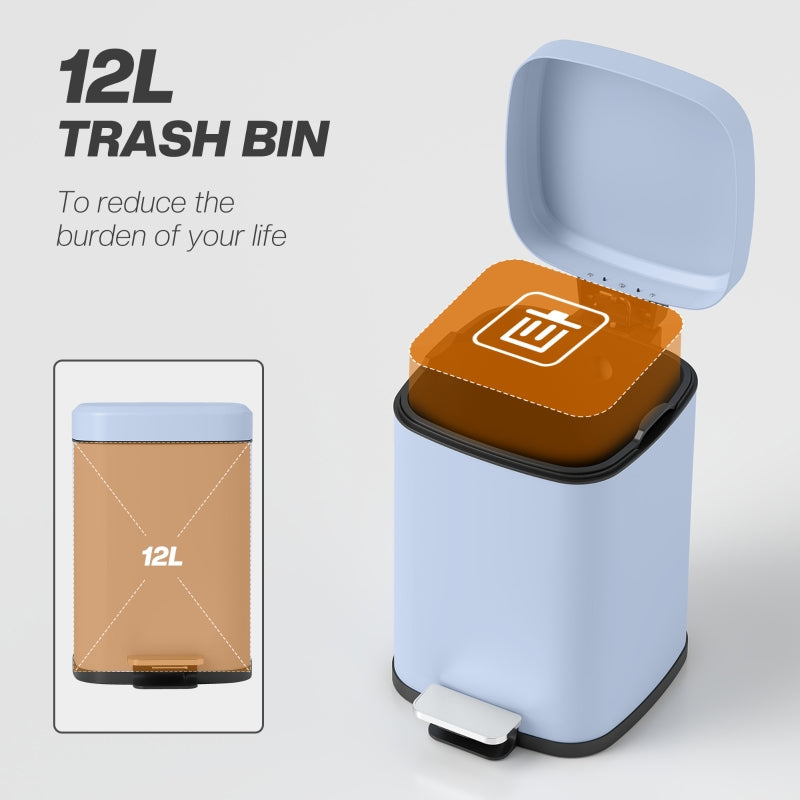12L Kitchen Bin, Modern Boxy Metal, Light Blue