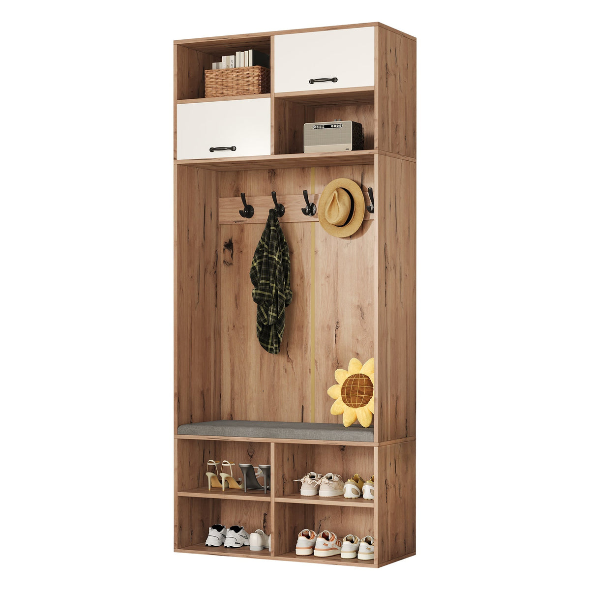 Wardrobe Set Hallway Bench 5 Hooks 2 Doors 6 Storage 80x185x35cm, Natural Wood/White