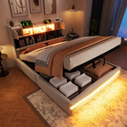 Upholstered Bed 140x200cm Hydraulic Storage USB-C LED Headboard Compartment Beige