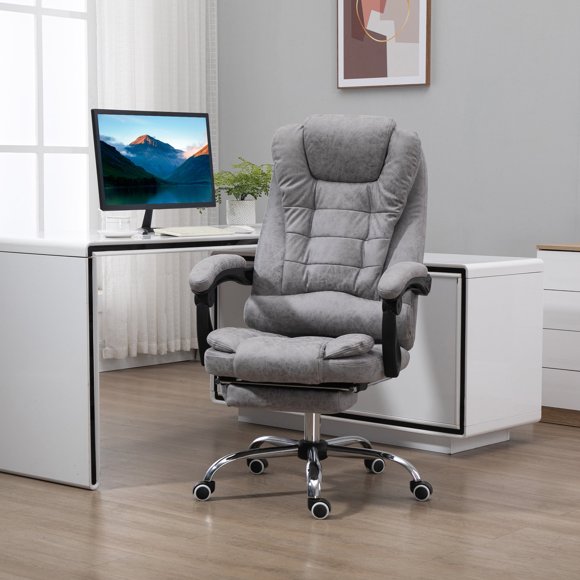 Executive Office Chair, Heated 6-Point Vibration Massage Swivel Recliner with Footrest, Grey