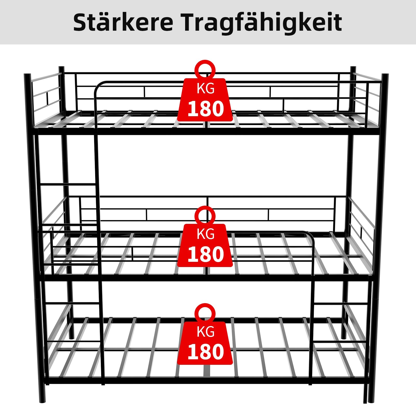 Triple Frame Bed, Heavy-Duty with Ladder & Railing, Easy Assembly, Metal