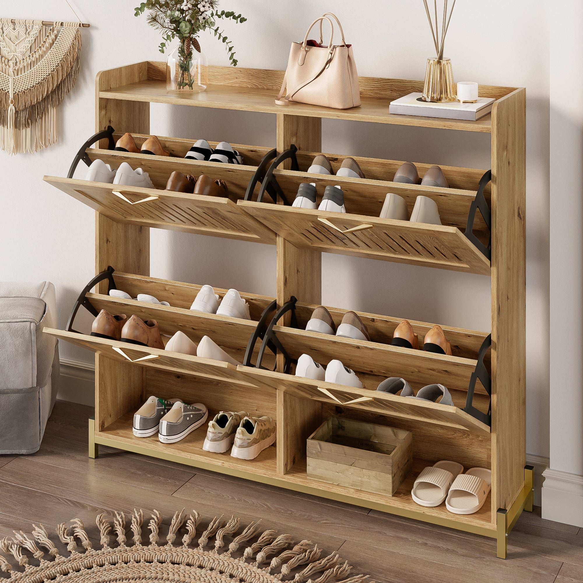 Shoe Cabinet 4 Doors, Vertical Slatted, Space-Saving with Shelf, Wood/Metal
