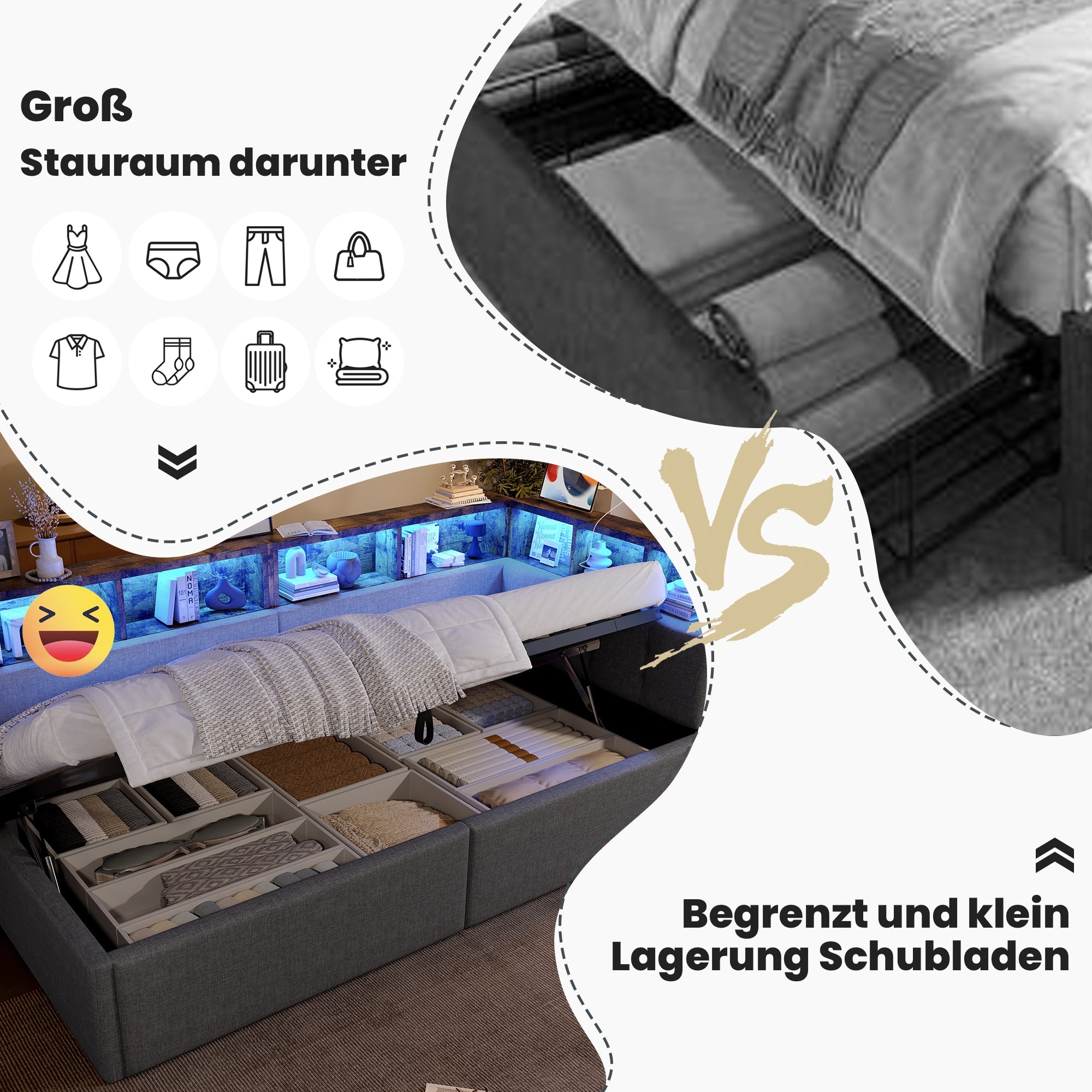 Daybed 90x200cm Hydraulic Storage LED USB/Type-C - Linen Grey
