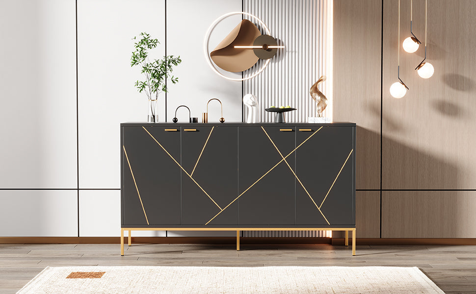 Sideboard four doors metal feet TV cabinet wardrobe linear design black and gold