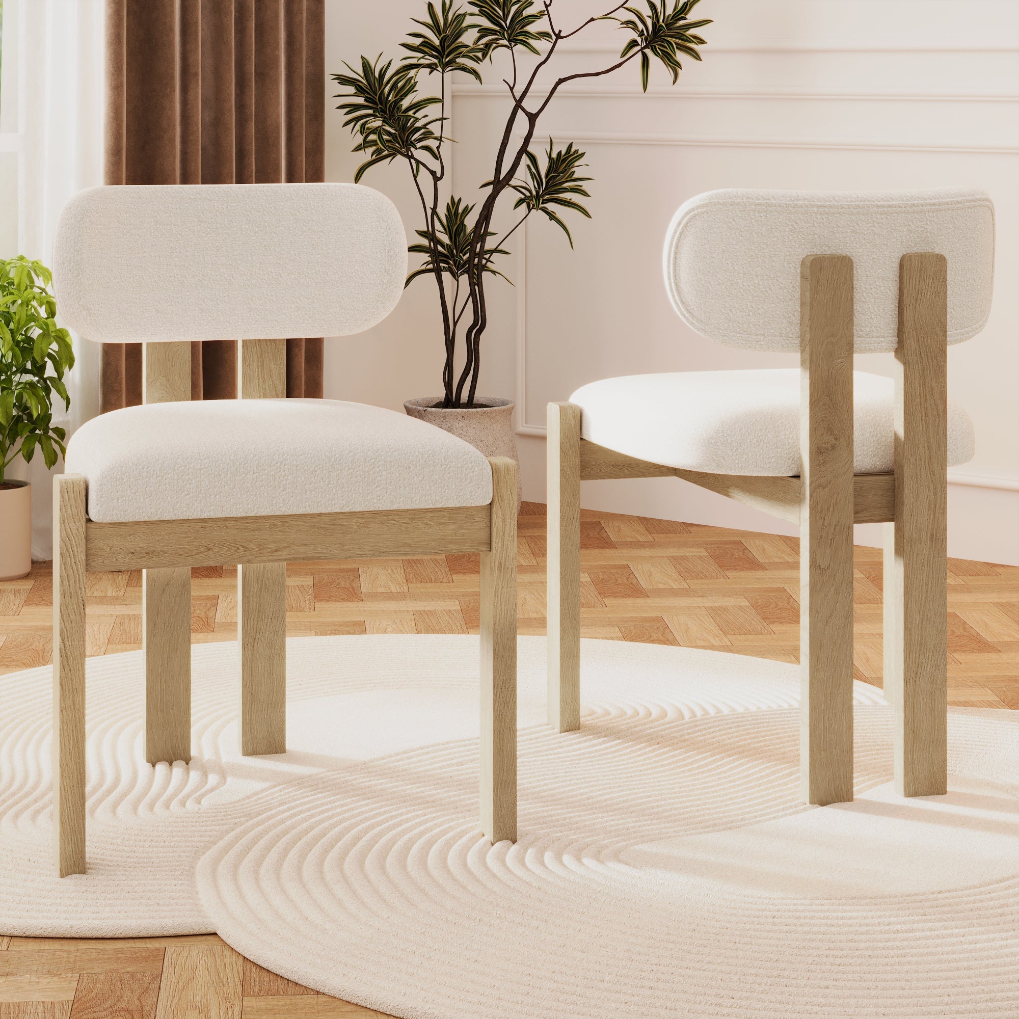 Set of 2 Solid Wood Dining Chairs Modern Bouclé Natural