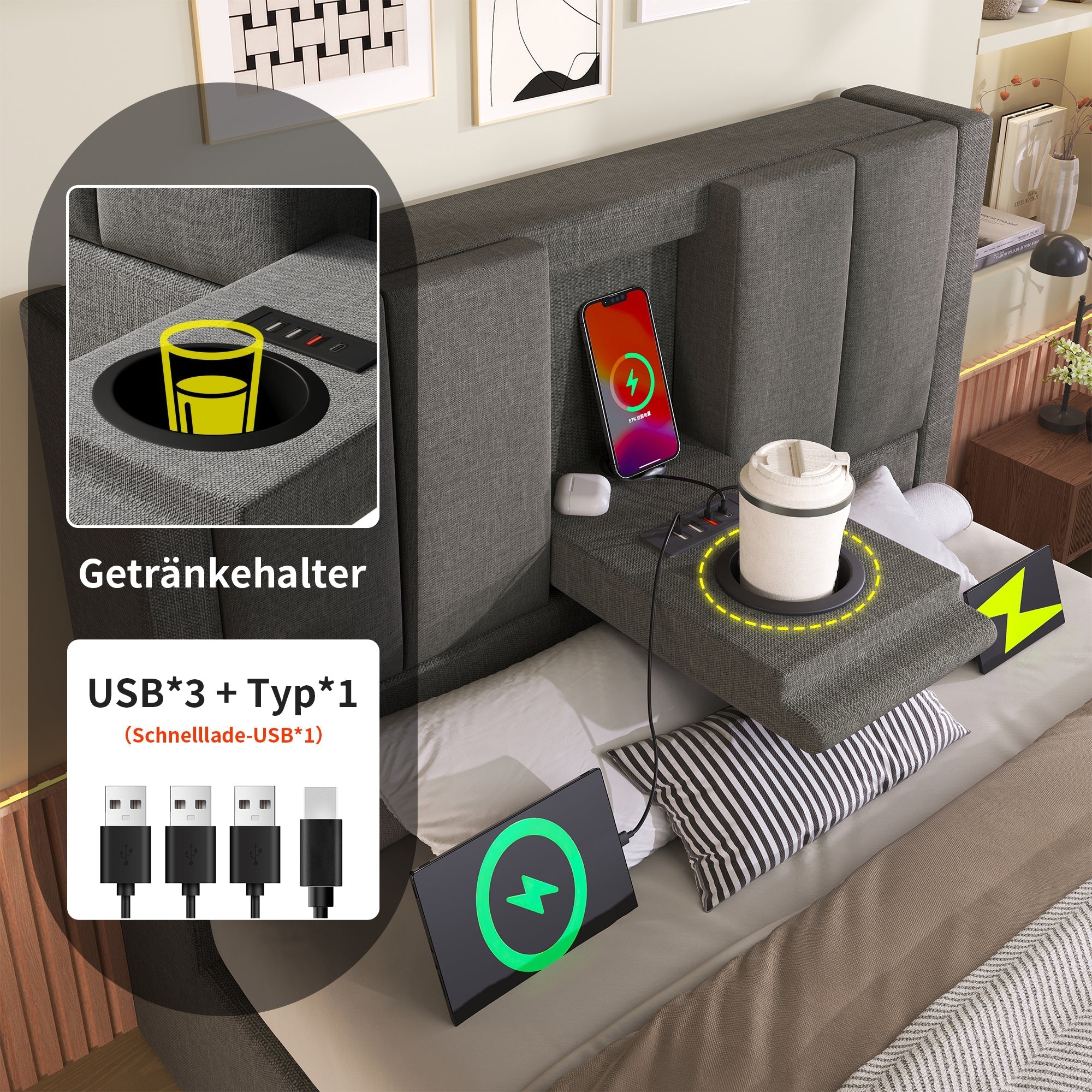 Upholstered Single Bed 90x200cm Hydraulic Storage Cup Holder Charging Station - Linen Grey (With Mattress)
