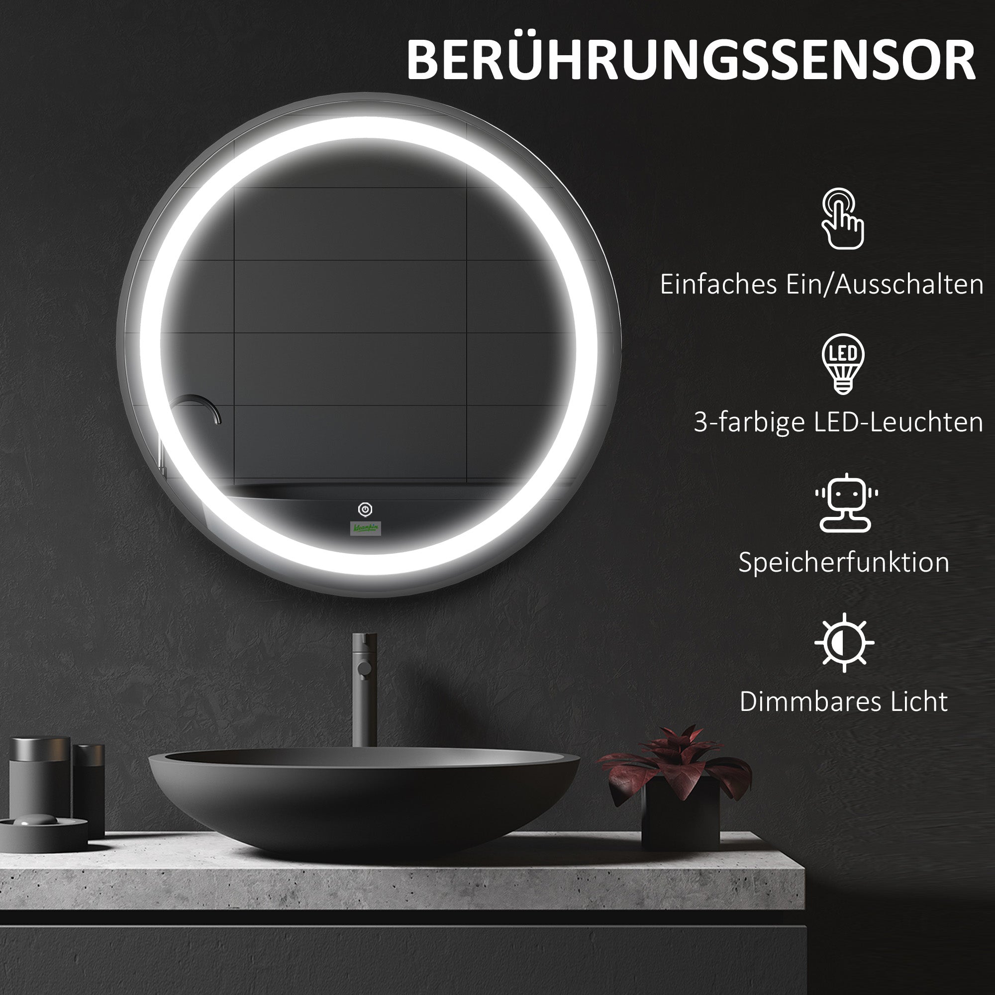 kleankin LED Bathroom Mirror, 60cm, 3 Light Colors, Touch, Black