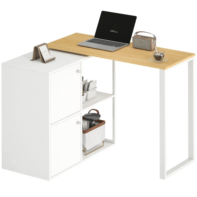 L-shaped Desk, 360° Rotating Corner with 2 Cabinets & 2 Shelves, White