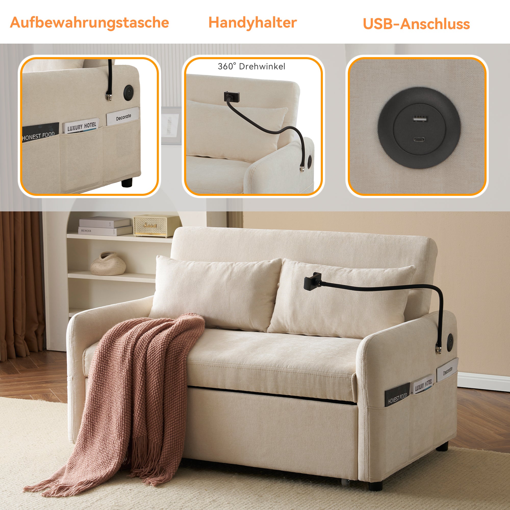 Sofa Bed, Modern Double Folding with Adjustable Backrest, USB Charging, Multifunctional