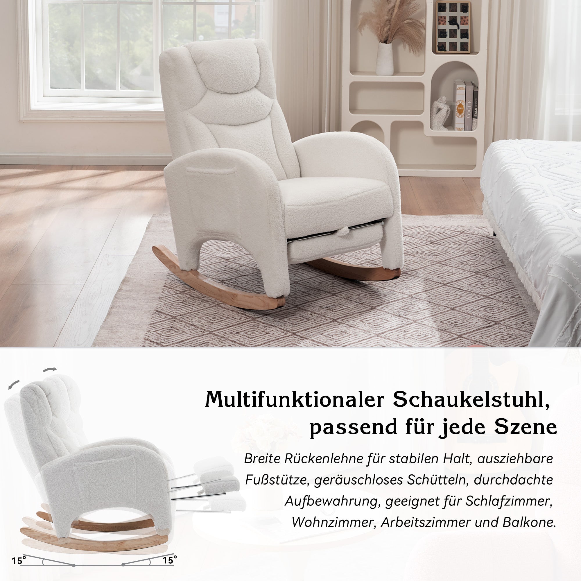 052 Rocking Chair, Upholstered with Armrest, 110 kg, White Teddy Fabric