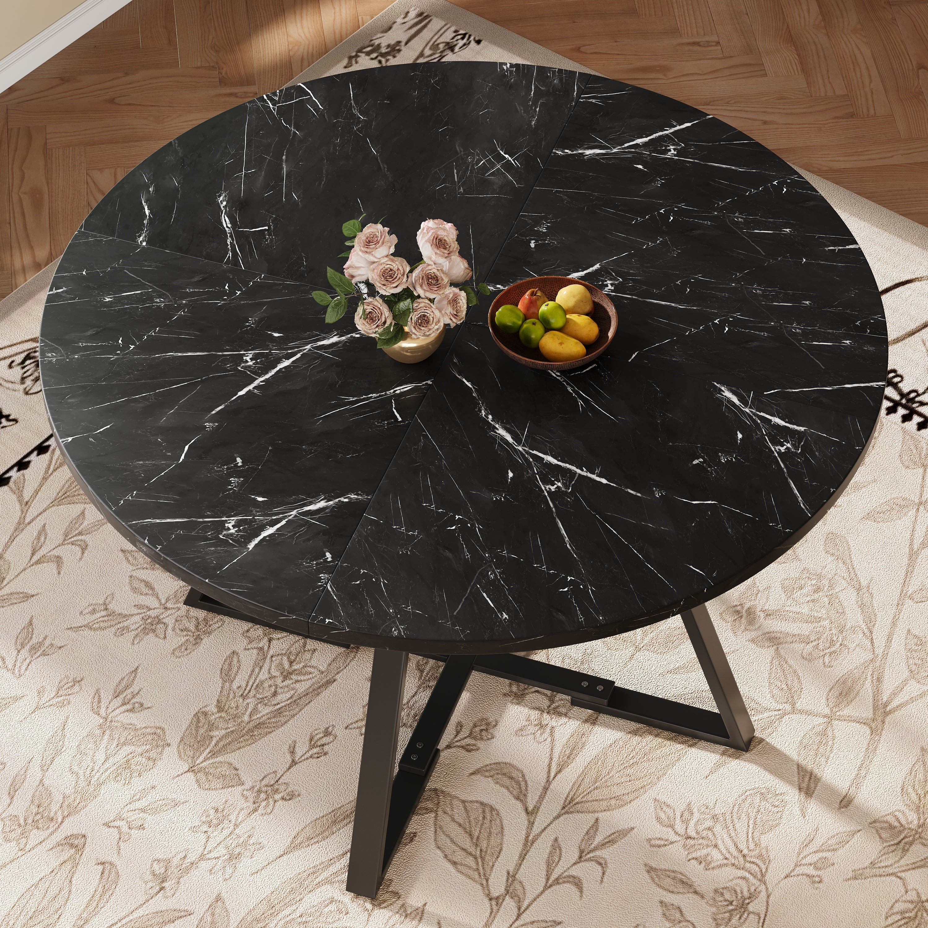 5-Piece Round Dining Table Set with 4 Chairs and Marble Pattern, Velvet Grey