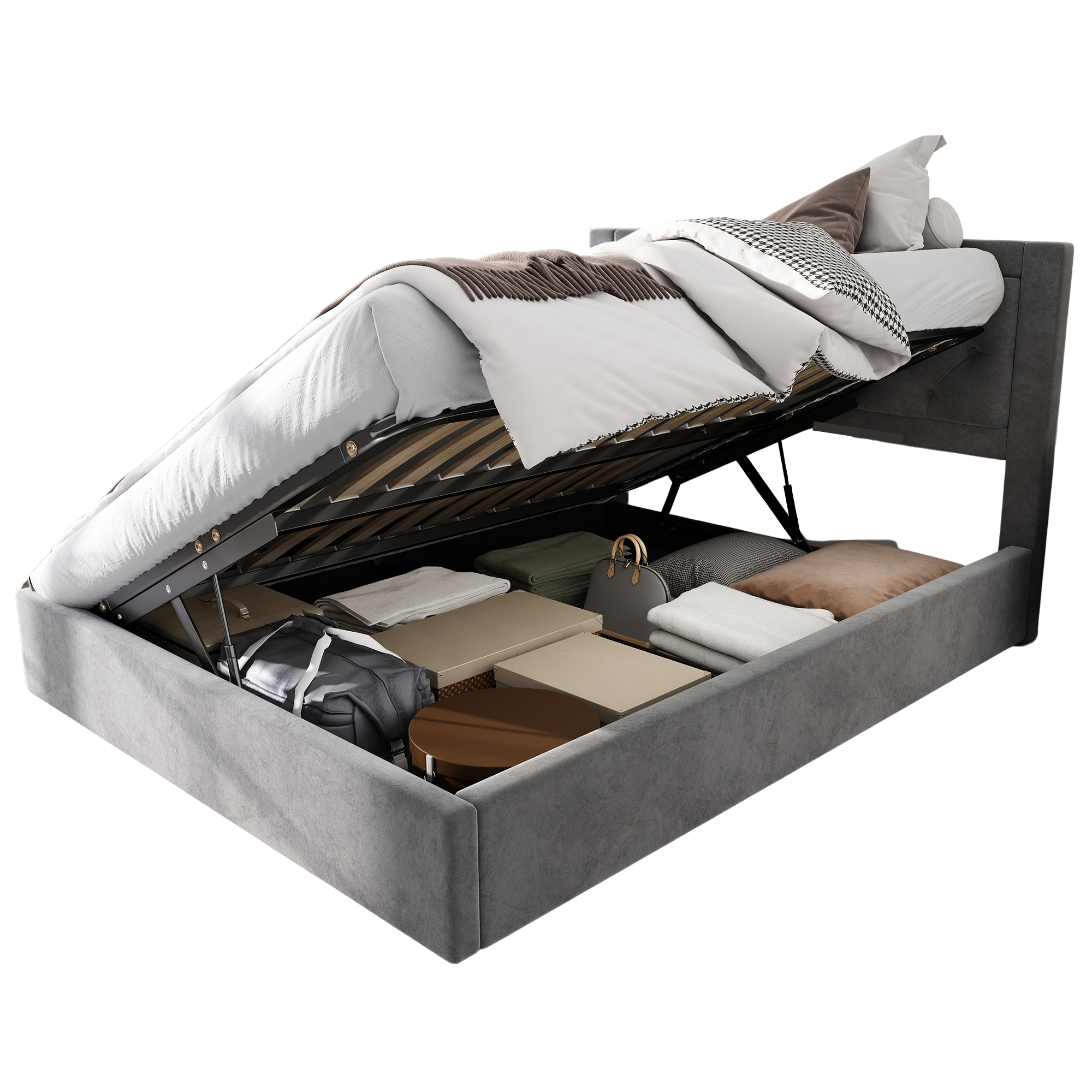 Upholstered Storage Bed with Chesterfield Headboard and Drawers, 140x200cm, Grey Velvet