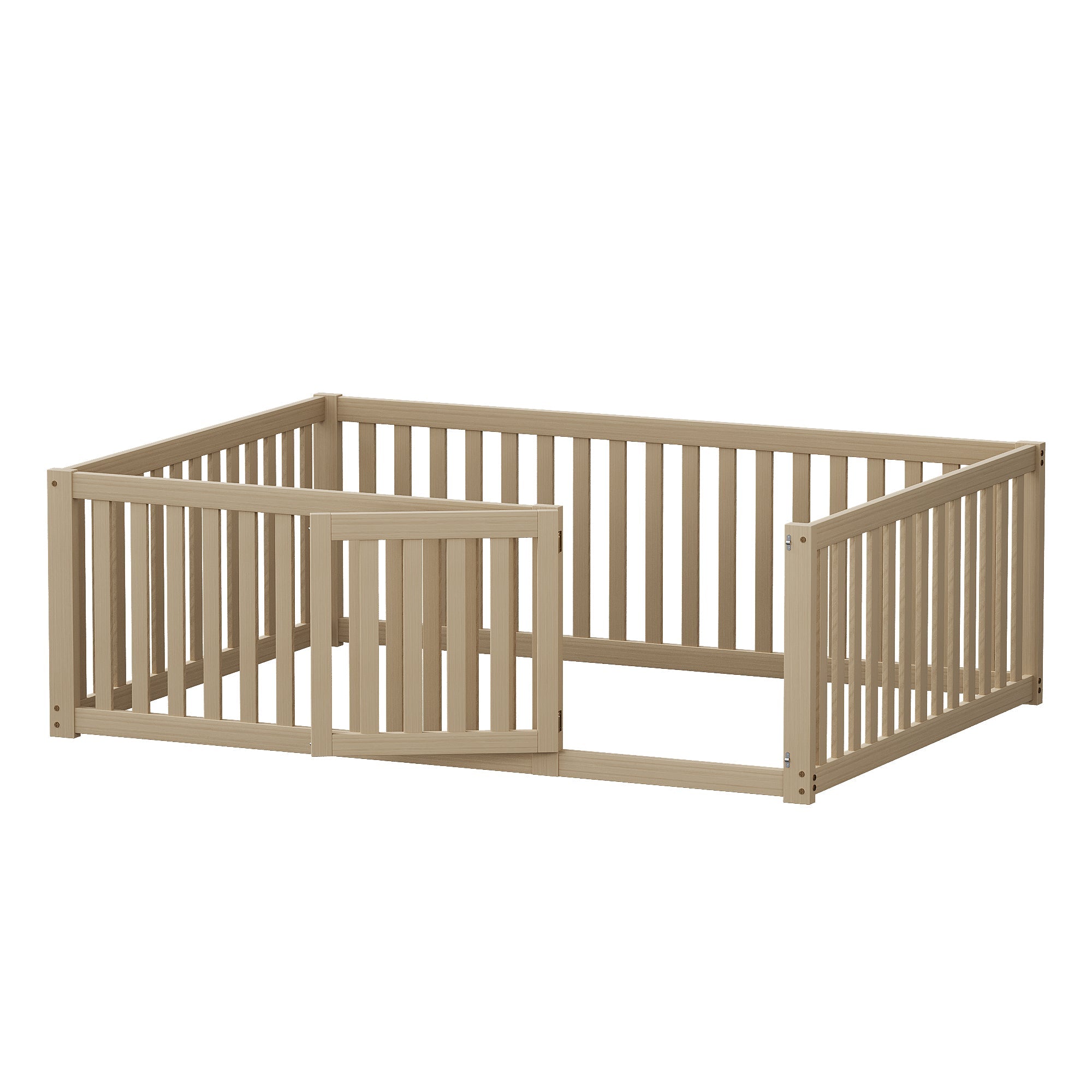Children's bed 140x200 wooden floor bed frame with fence and door, wood color