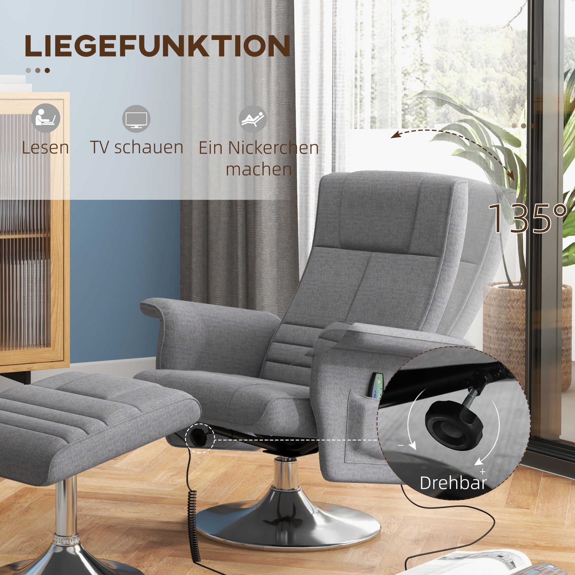 Electric Recliner Chair with Footstool, Reclining Function, Vibration Massage, Remote Control, Linen Look Dark Gray