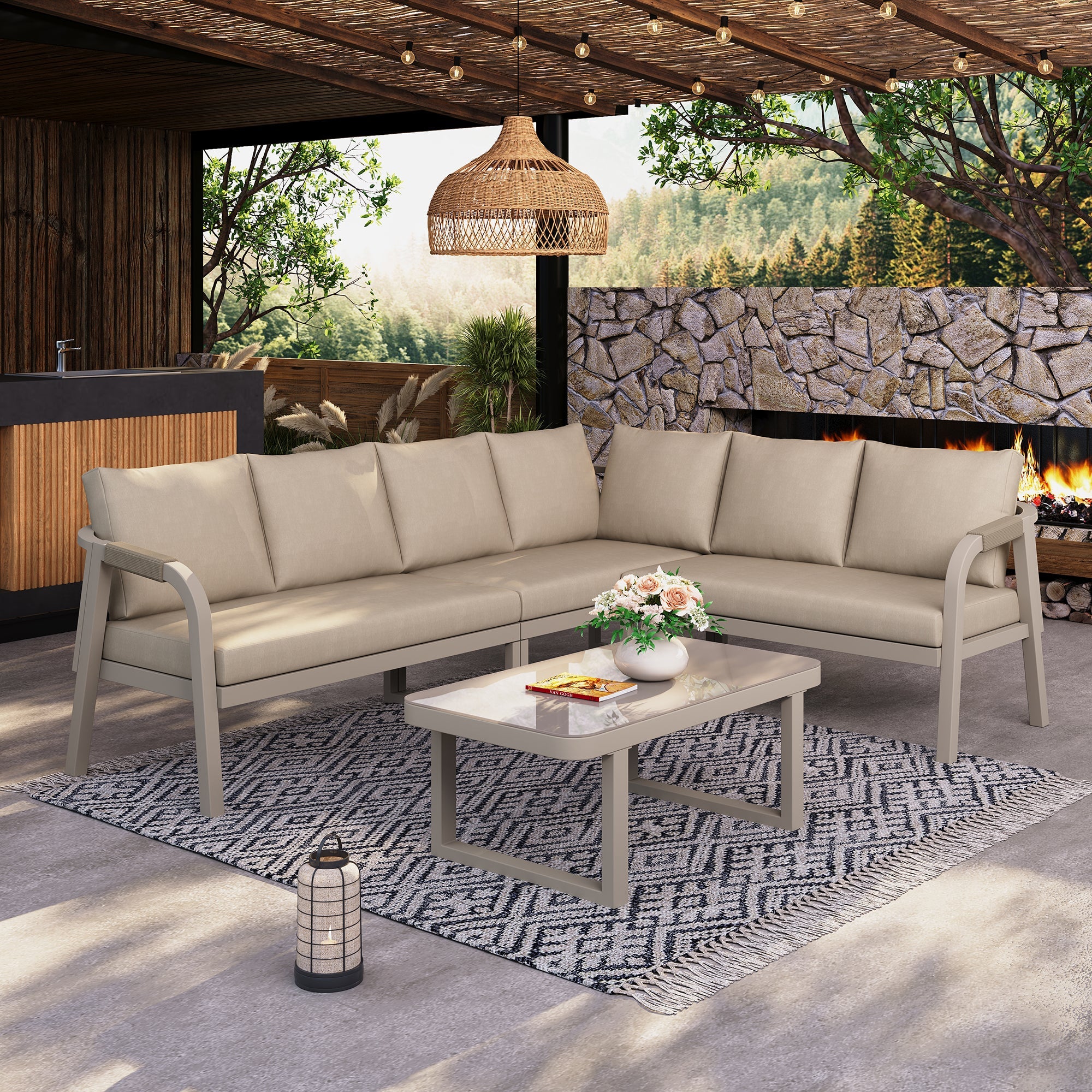 Garden Furniture Set with Corner Sofa and Coffee Table, Seats 6, Woven Beige Steel Tubes