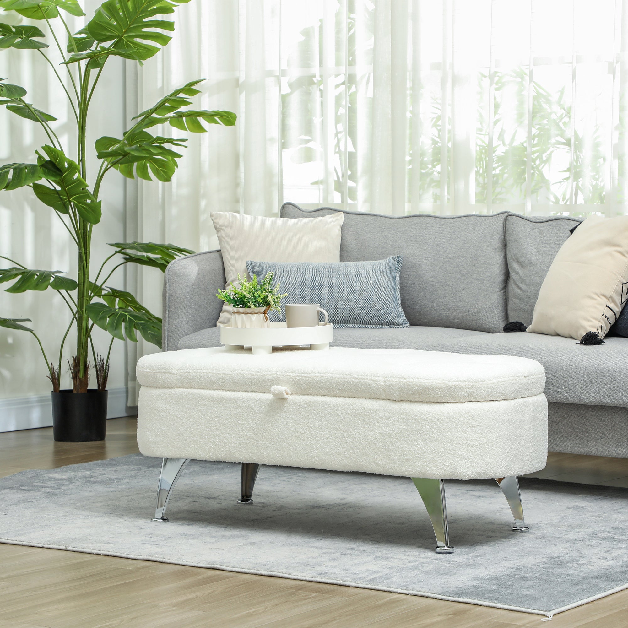 Bench with Storage, Upholstered with Lid, Metal Frame, White