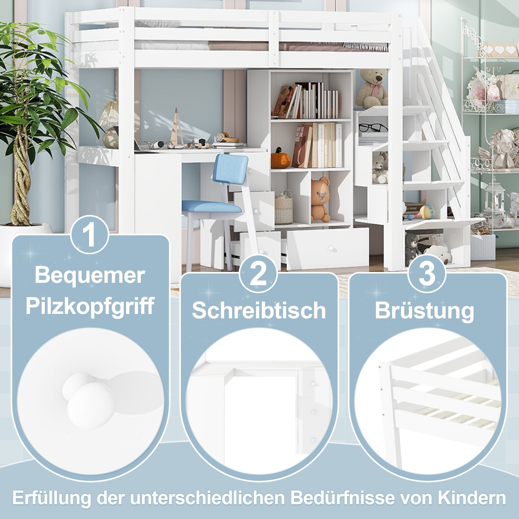 Loft Bed 90x200cm Desk Drawers Storage Stowable Ladder EN 747 Certified White