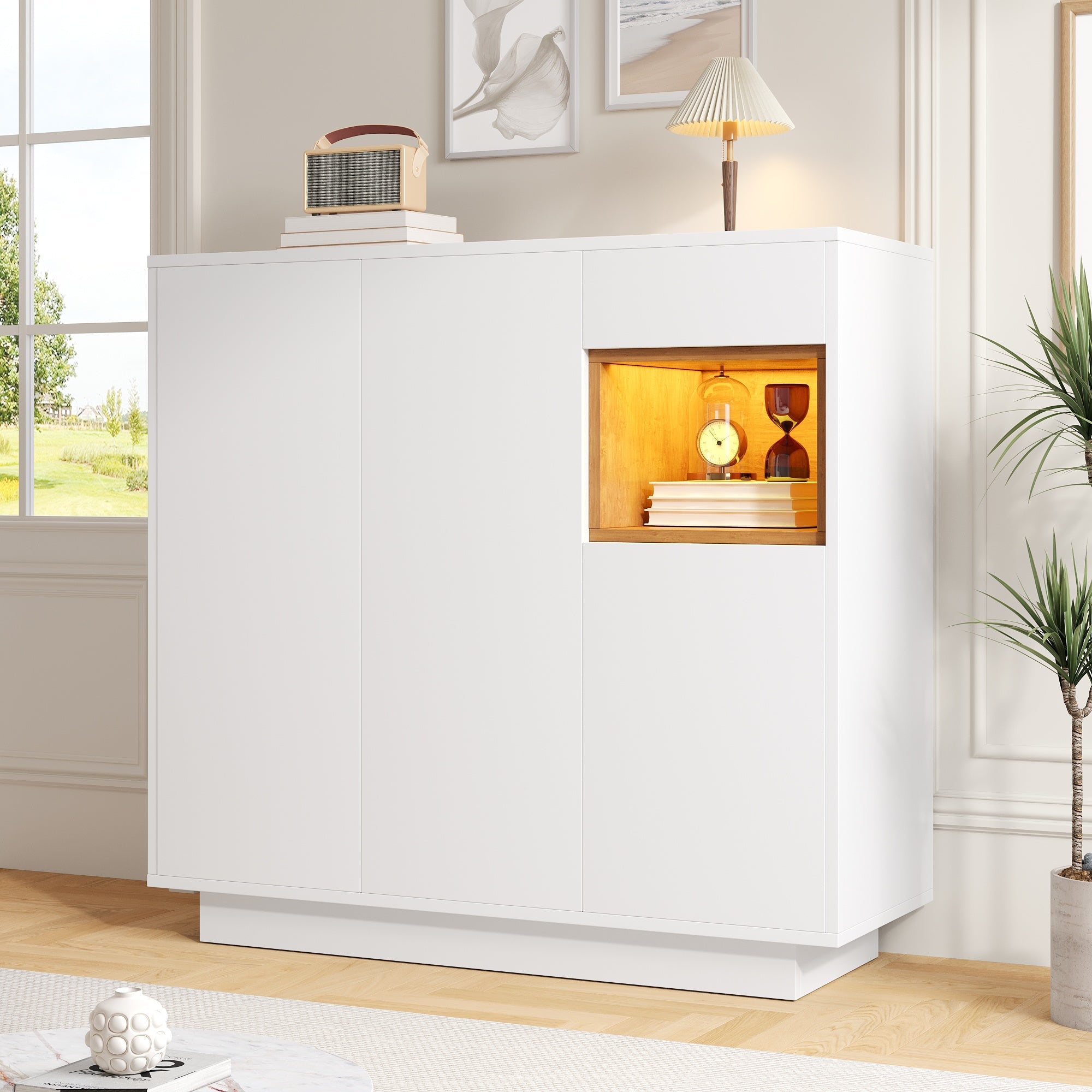 Shoe Cabinet with Adjustable Shelves for 14-18 Pairs, White and Natural Wood
