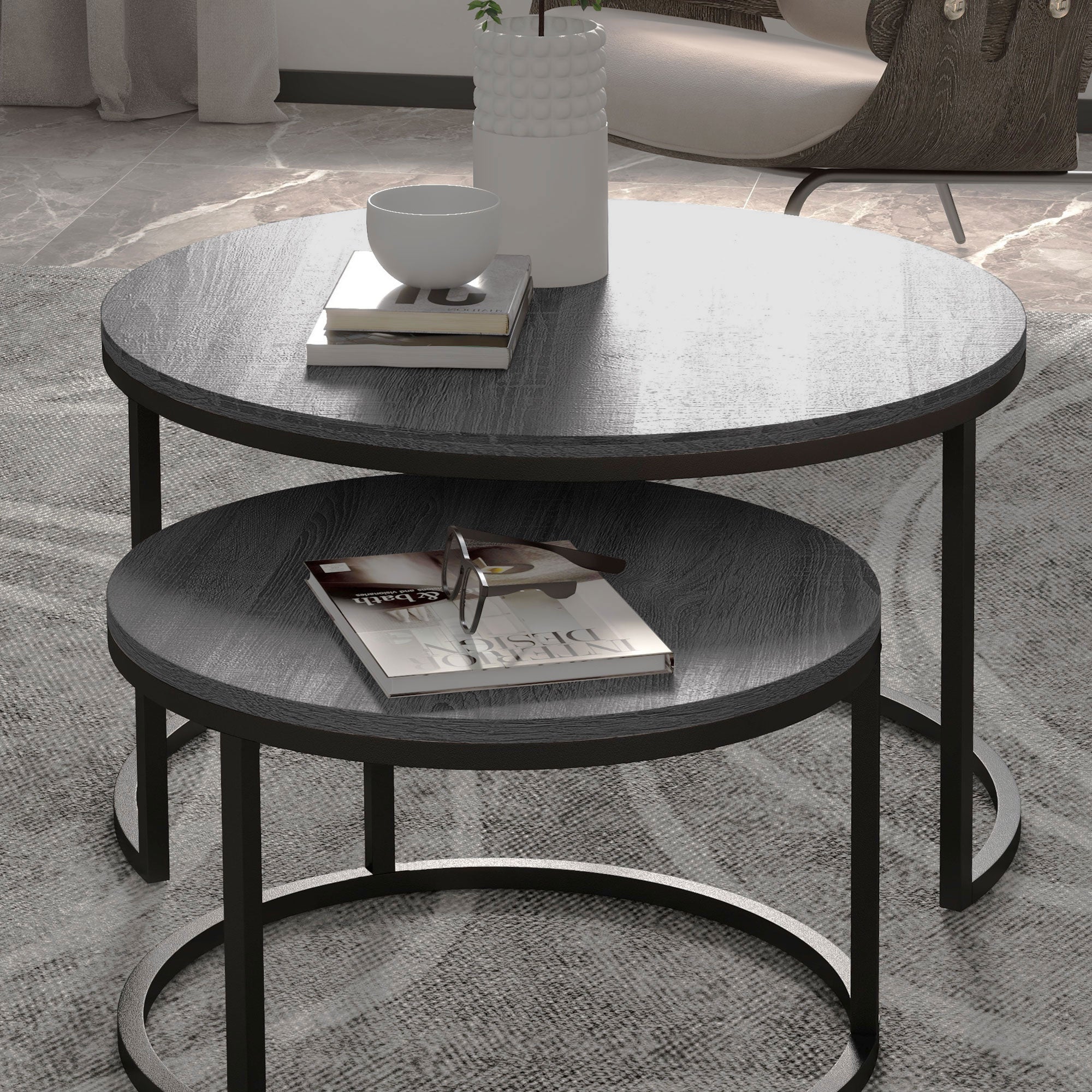 Runder Couchtisch, 2er-Set stapelbare Beistelltische, Holzoptik & Metall, Schwarz