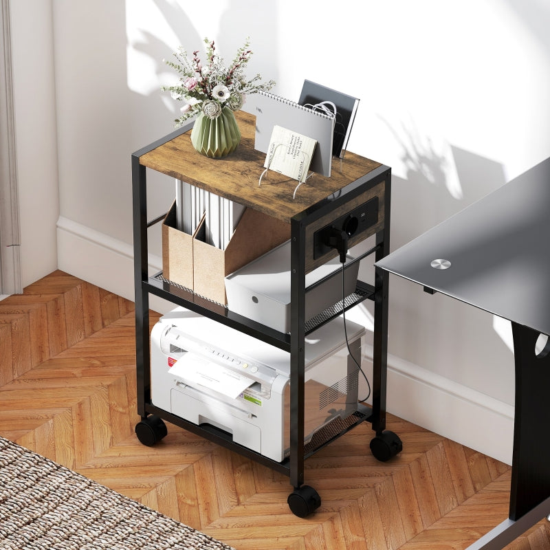 Printer Stand with Wheels Power Outlets USB & USB-C Ports - Rustic Brown