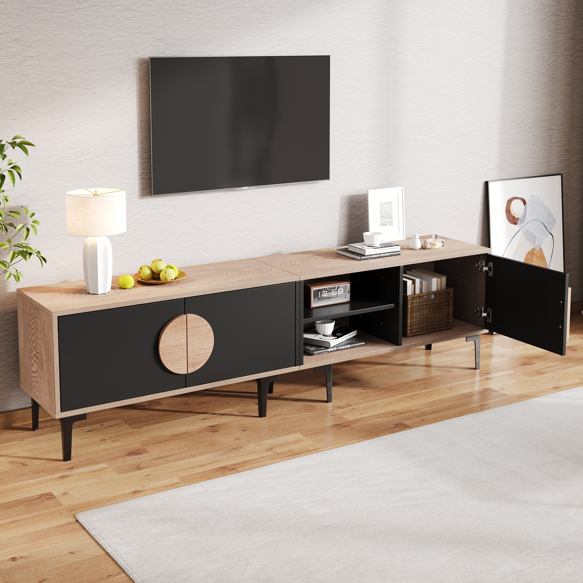 TV Cabinet Lowboard 180cm 2 Cabinets Open Shelves for 80 Inch TV - Wood/Black