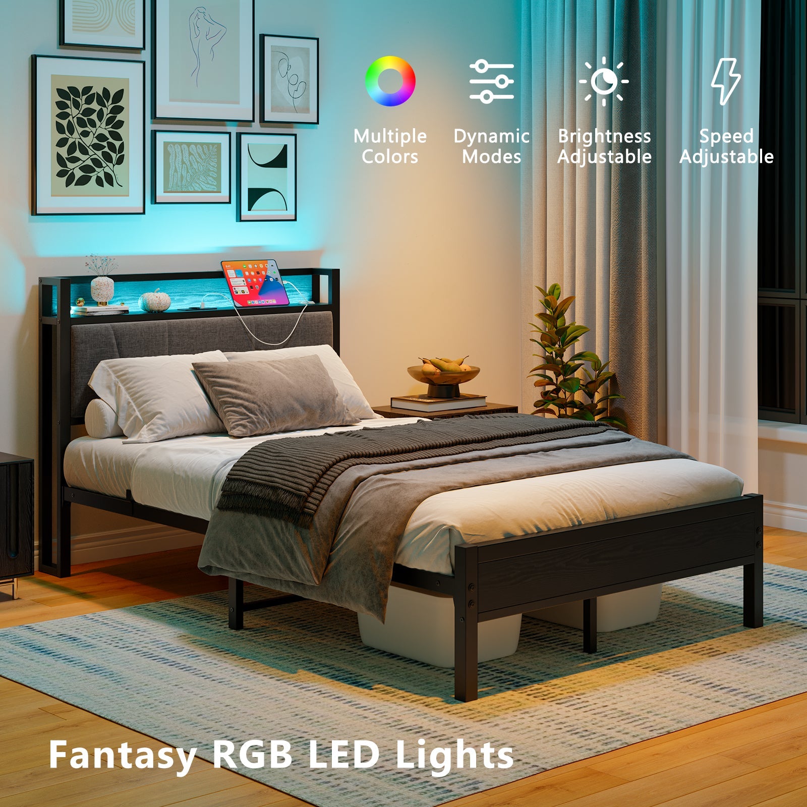 Bed Frame 120x200cm Smart LED USB Memory Headboard - Metal Slatted
